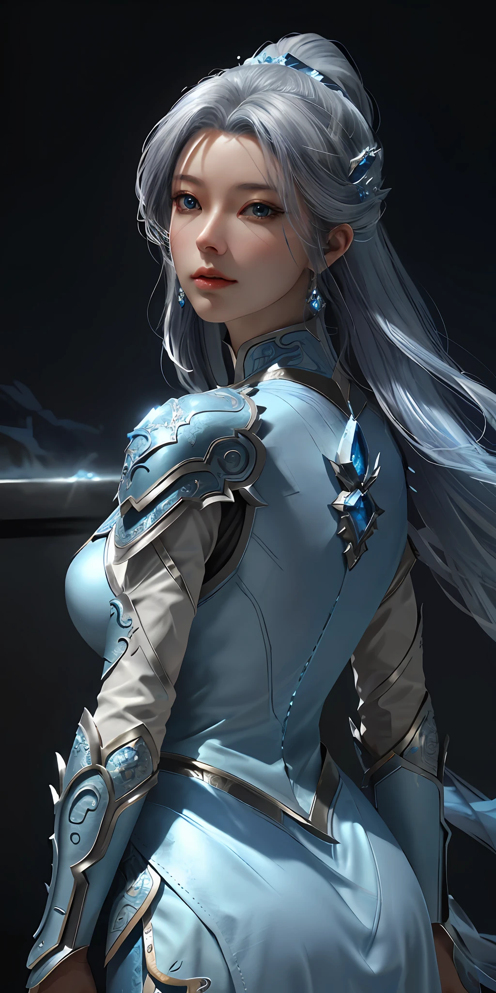 a close up of a woman in a silver and blue dress, chengwei pan on artstation, by Yang J, detailed fantasy art, stunning character art, fanart best artstation, epic exquisite character art, beautiful armor, extremely detailed artgerm, detailed digital anime art, artgerm on artstation pixiv, armor girl