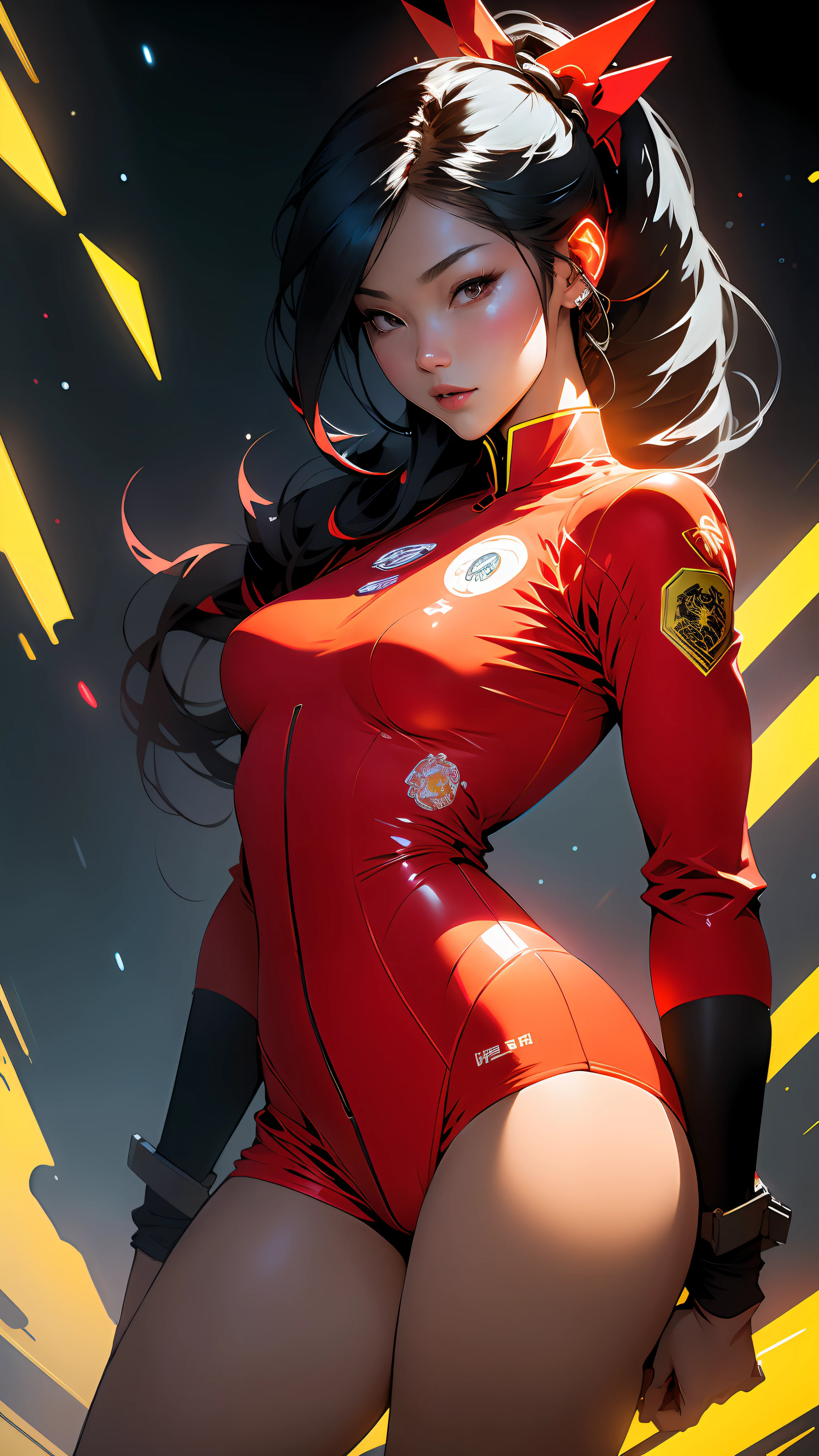 ((Best quality)), ((masterpiece)), (detailed: 1.4), Absurd, Robot pilot Chinese woman ready for war, muscular body defined, half thick naked thighs, mouth closed, only in panties, muscular body parts covered by traditional Chinese but technological clothing, Neon Evangelion, ((medium breasts)) perfect, generous neckline, ((red outfit with several yellow stars on the uniform)), China, dragon, kung Fu, pastel, straight black hair with braid, a robotic arm, oriental eyes pulled, short underwear, garter belt, by mucha, niji --V5, close to real, best quality, almost naked, psychopath, crazy face, sexy pose, 2 piece clothes, dragon designs on the arms, cyberpunk, airplane wings on the back, oriental flame shoulder pad, red clothing yellow details with 5-pointed yellow stars, Pointed shoulder pads, black eyes pulled without pupils, HDR (High Dynamic Range),Ray Tracing,NVIDIA RTX,Super-Resolution,Unreal 5,Subsurface dispersion, PBR texture, Post-processing, Anisotropic filtering, Depth of field, Maximum clarity and sharpness, Multilayer textures, Albedo and specular maps, Surface shading, Accurate simulation of light-material interaction, Perfect proportions, Octane Render, Two-tone lighting, Wide aperture, Low ISO, White balance, Rule of thirds, 8K