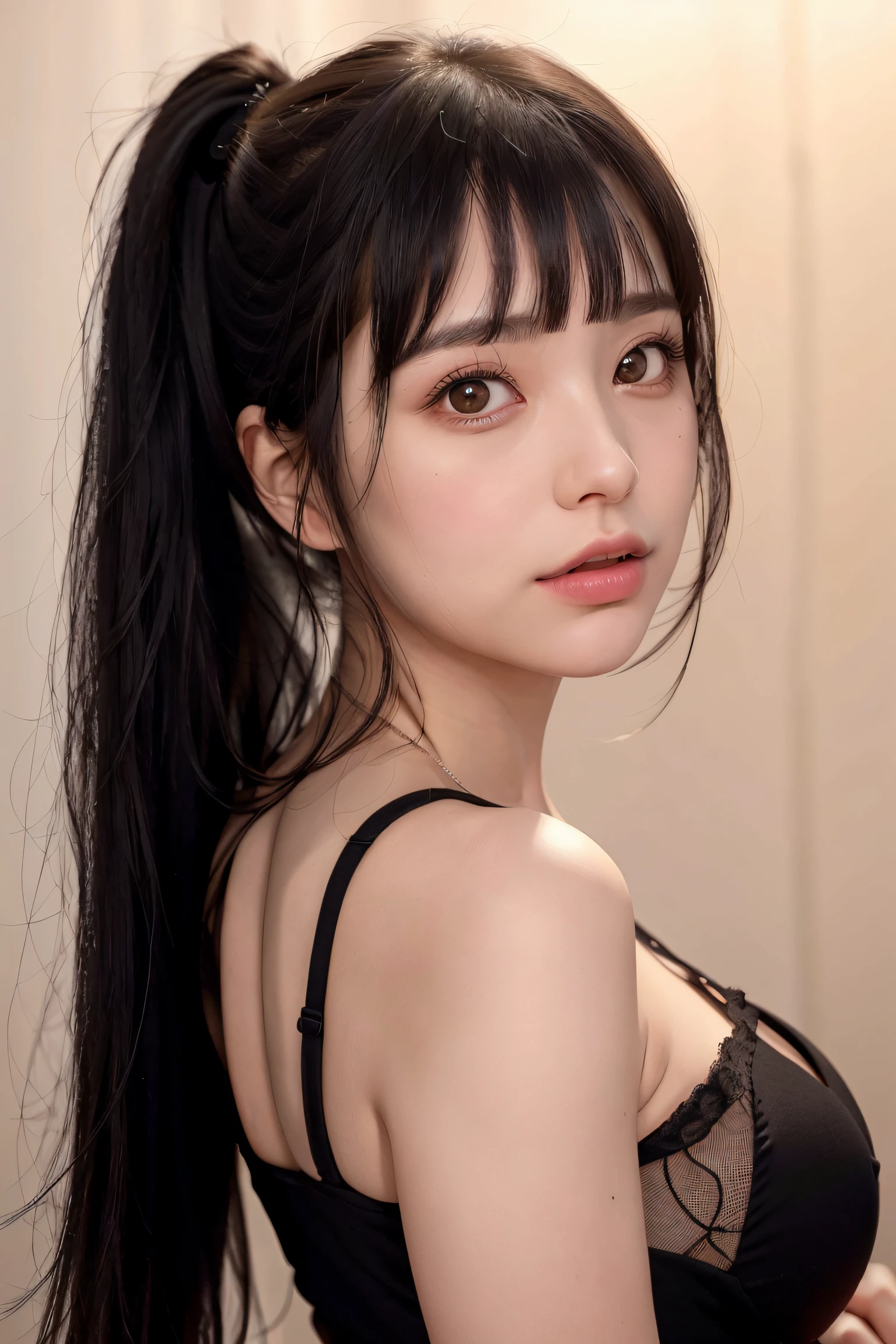 (RAW photo, best quality), (realistic, photo-realistic:1.3), best quality ,masterpiece, an extremely delicate and beautiful, extremely detailed ,CG ,unity ,8k wallpaper, Amazing, finely detail, masterpiece,best quality, extremely detailed CG unity 8k wallpaper,huge filesize , ultra-detailed, highres, extremely detailed, iu,asymmetrical bangs,short bangs,bangs,pureerosface_v1,beautiful detailed girl, extremely detailed eyes and face, beautiful detailed eyes,light on face,looking at viewer, straight-on, staring, closed mouth,black hair,long hair, (short_ponytail:1.1), collarbone, bare shoulders, longeyelashes, lace ,lace trim,1girl,