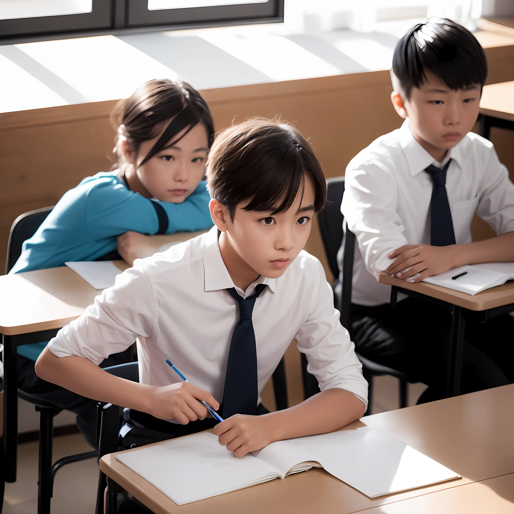 During an exam, a student (1boy) sitting in a classroom, surrounded by other students, wearing school uniform,(desk lamp adds a slightly blue cast:0.9), (window light that illuminates the left side:white balance increased slightly),slight shadow on the right side,somber and quiet mood, no distractions, no electronics,no texture and detail on desks and chairs,depth of field