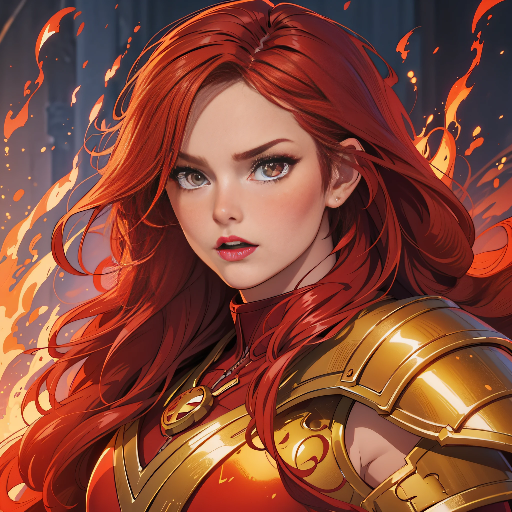 Vector Art, high quality, Portrait Rpg, close-up, Race: Human Gender: Female Eyes: Fiery red Skin color: Light skin with warm shades Physique: normal complexion. Facial features: skin without marks. Expression: Defiant look. Hairstyle: Long red hair Equipment: Golden Armor and Fire Sword, Background: Fire and Red