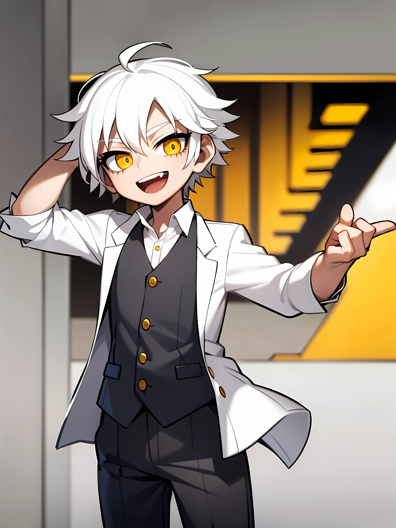 ((masterpiece, best quality)), (1boy), (solo), (male focus), (ahoge, white hair, short hair), yellow eyes, light smile, open mouth, ((white shirt), (buttoned shirt), (button opening)), ((black pants)), standing, white background, dynamic angle