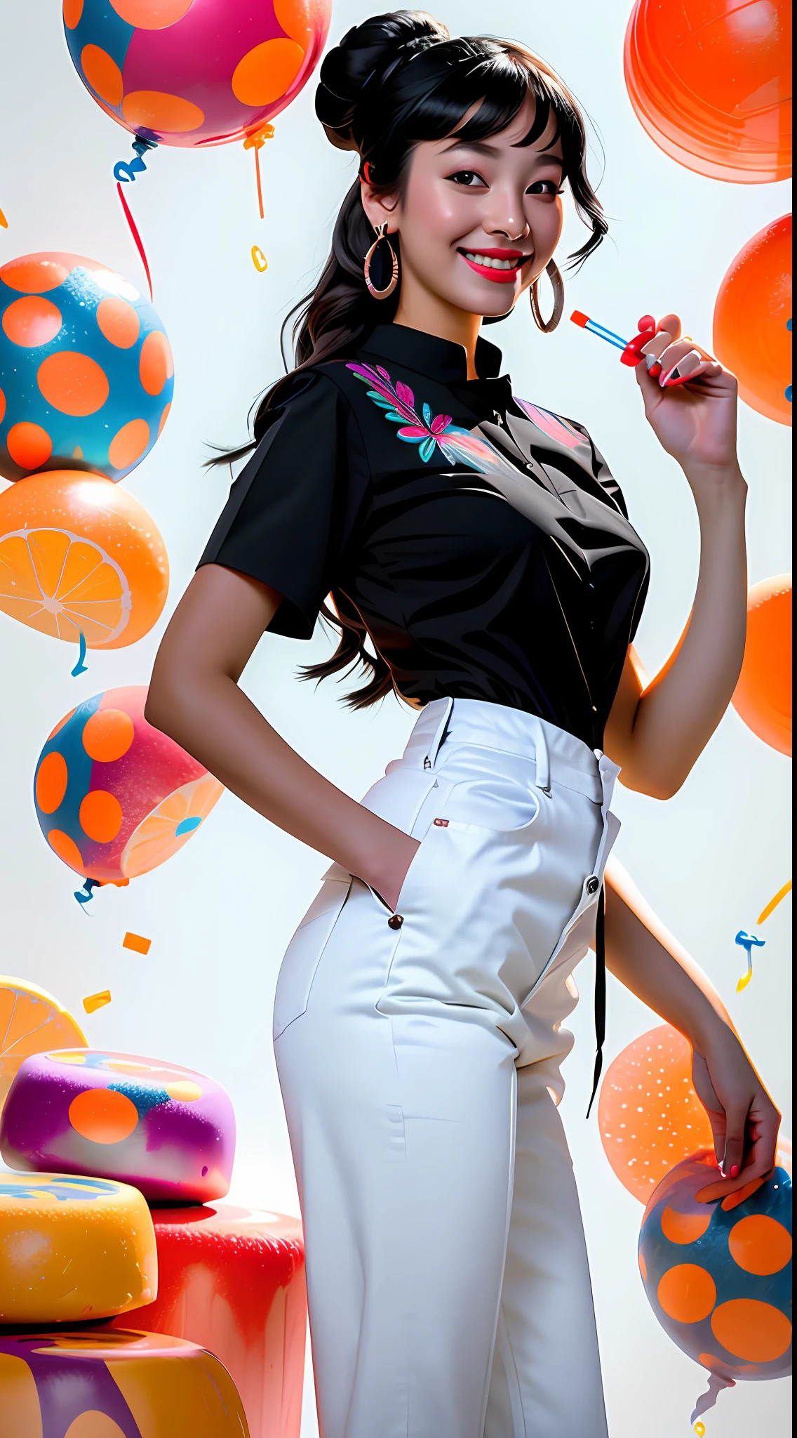 Best quality, realistic, award-winning illustration, (tricky detail: 1.2), (fine detail), (tricky detail), (cinematic lights, best quality), sharp lines, sharp focus, official artwork, 16k, A beautiful woman with a smiling face, wearing a straw hat, wearing a June party hat, June parties, white graffiti splash background, a beautiful young chef, wearing a black apron with colorful blouse emblazoned in June party colors,  Wearing jeans, medium black hair, holding a large can of delicious candy, creamy candy splash, character design by George Lucas style, white background.