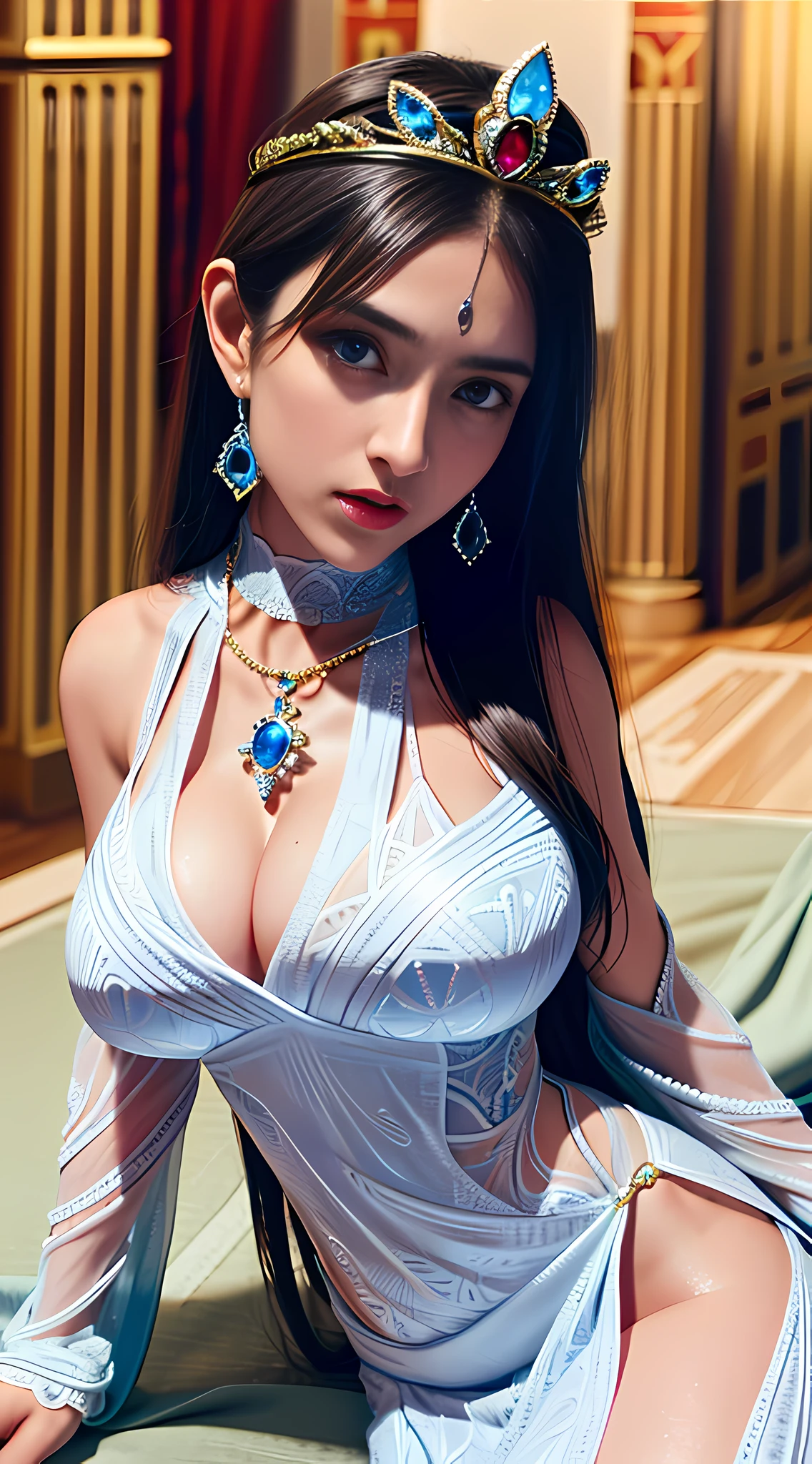 ultra realistic 8k cg, epic, (royal palace), royal, ((rich, prestige)), perfect artwork, masterpiece, picture-perfect face, perfect face, beautiful face, ((perfect female body)), sexy, charming, seductive, erotic, alluring, enchanting, nsfw, mature female, milf, narrow waist, gorgeous goddess, deity, divine queen, absurdly long hair, white hair, blue eyes, glowing eyes, piercing eyes, looking at viewer, large breasts, puffy, breasts out, ((intricate detail, delicate pattern)), science fiction, jewelry, gem, gold, diamond,