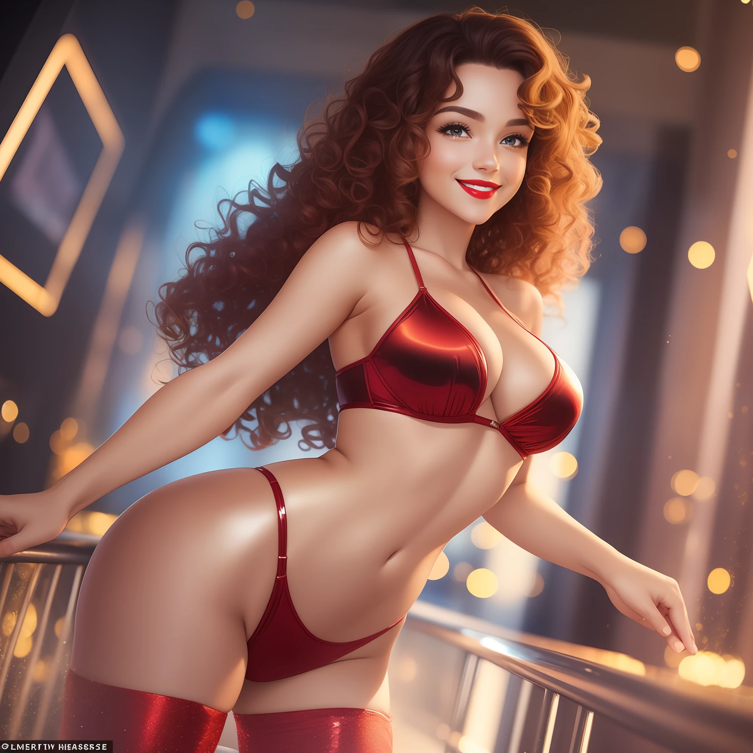 (a cute woman:1.2,sexy pose:1.2,smiling),beautiful face,curly hair,sparkling eyes,red lips,shiny glow.