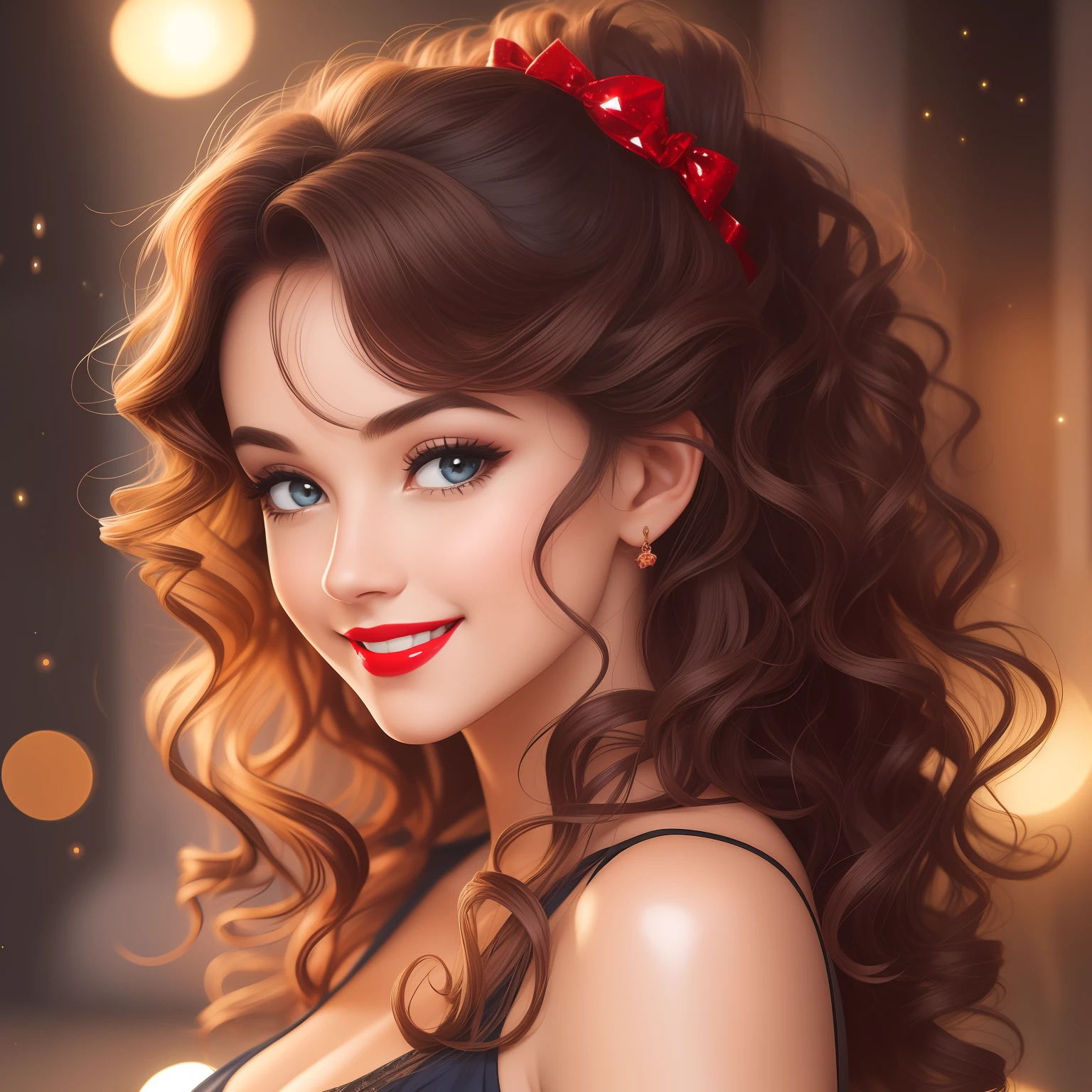 (a cute woman:1.2,sexy pose:1.2,smiling),beautiful face,curly hair,sparkling eyes,red lips,shiny glow.