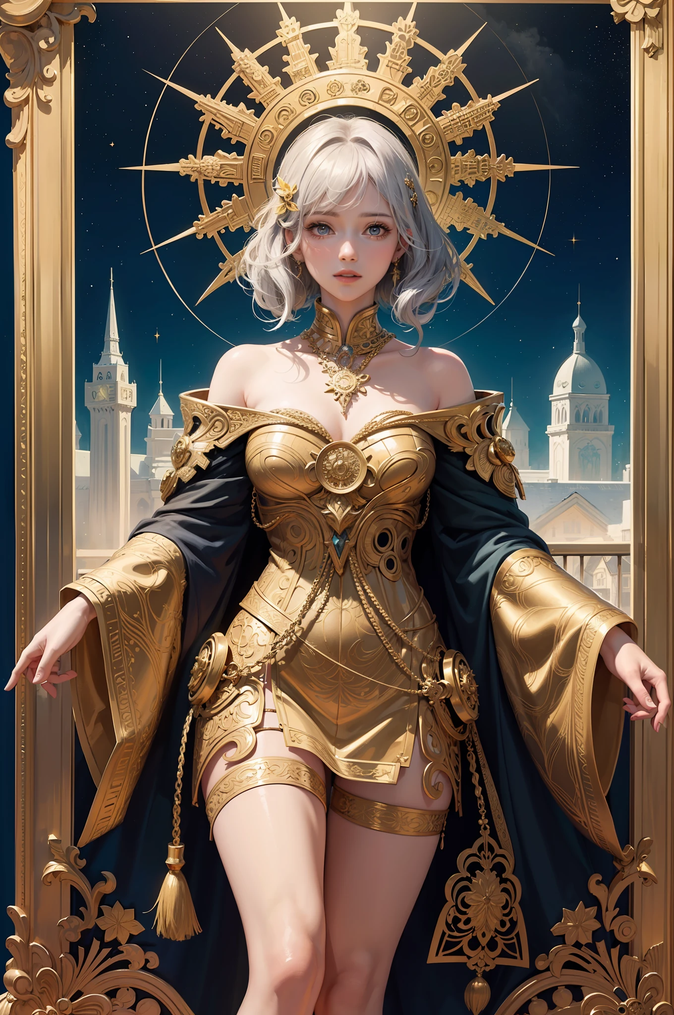 (masterpiece, top quality, best quality, official art, beautiful and aesthetic:1.2), (1girl), white gold extreme detailed,colorful,highest detailed, official art, unity 8k wallpaper, ultra detailed, beautiful and aesthetic, leilinggeng,lightning,,Lots of lightning,drawing,lightning elemental energy towards himself,Beautiful girl, photo framed inside a golden window, beautiful, masterpiece, best quality, (zentangle, mandala, tangle, entangle) ,holy light,gold foil,gold leaf art,glitter drawing