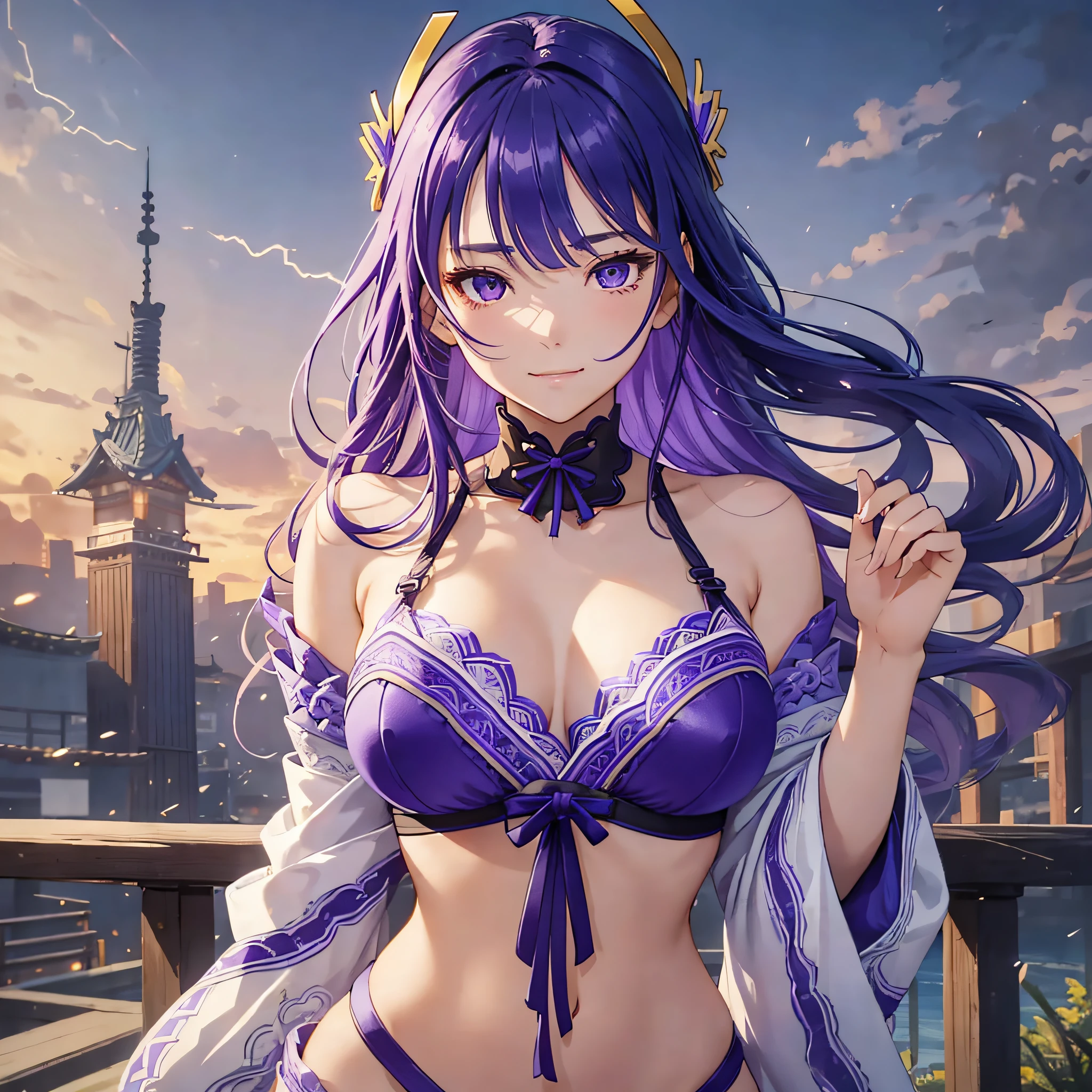 (masterpiece, backlighting, beautiful finely detailed eyes: 1.2), (illustration:1.2), 1girl, solo, (raiden shogun:1.4), best quality, purple hair, purple eyes, bangs, braid, braided ponytail, large breasts, hair ornament, windy only a micro bikini, thick thighs, gorgeous body, innocent face, beautiful and innocent smile, anime style, drawing, korean woman 20 years, lightning and lightning in the background --auto --s2