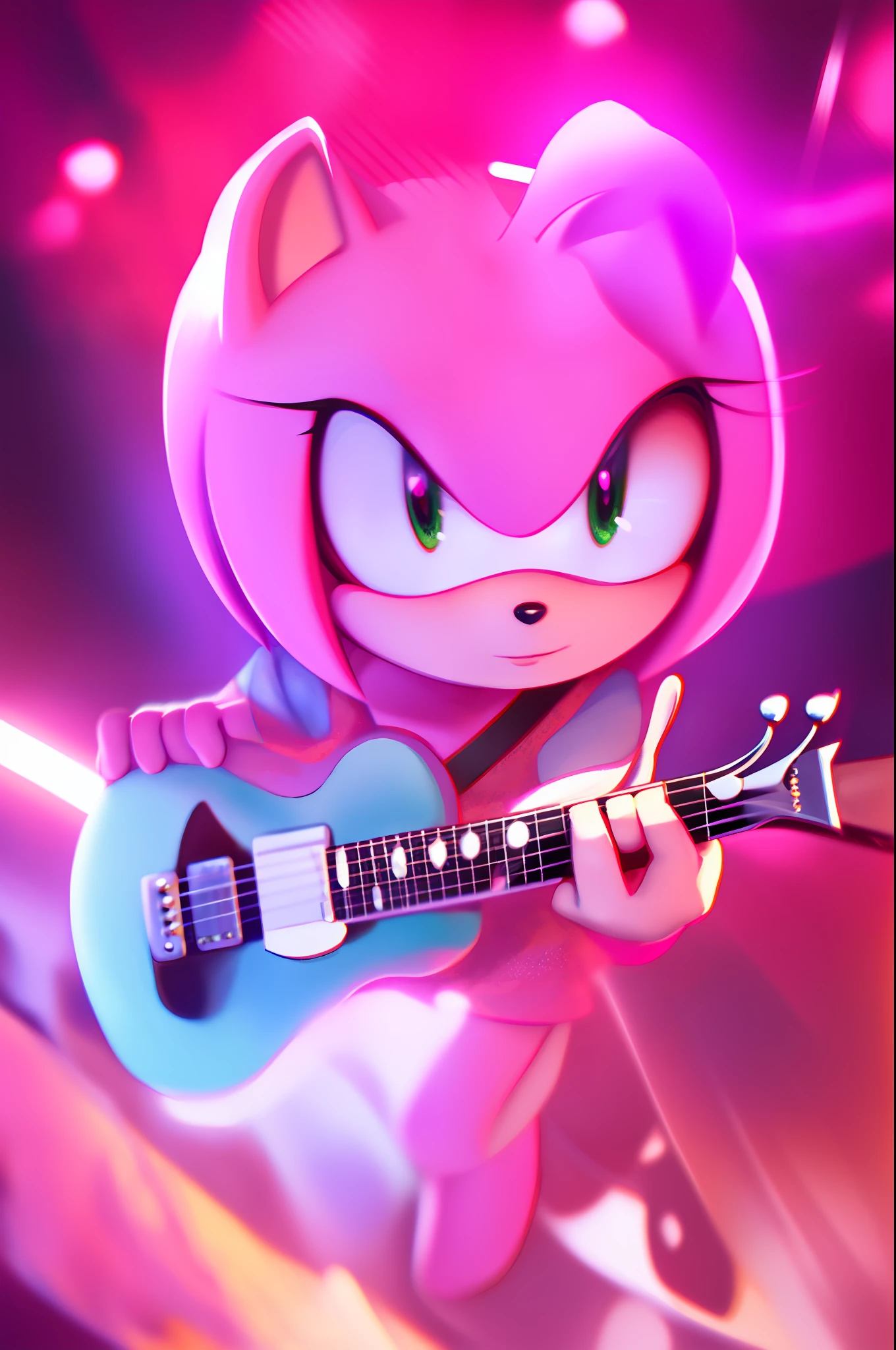 Amy Rose jumps on a relaxed stage, dressed in casual clothes and holding a guitar in her hand. Soft lighting illuminates the crowd and the entire scene, the background is very detailed, and the picture has a wide field of view and full of intricate details. The painting is a masterpiece, rendered using pastels.