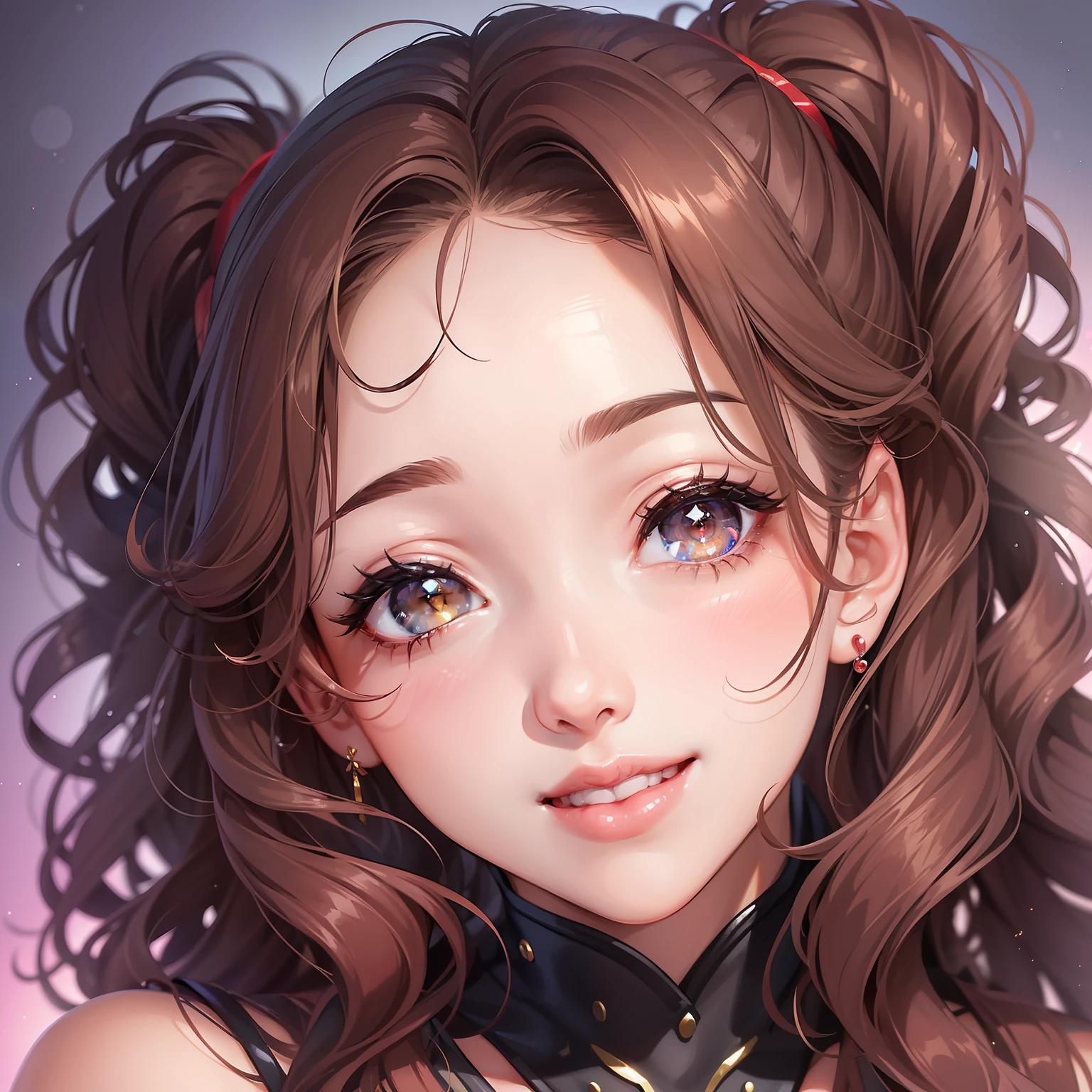 (a cute woman:1.2,sexy pose:1.2,smiling),beautiful face,curly hair,sparkling eyes,red lips,shiny glow.