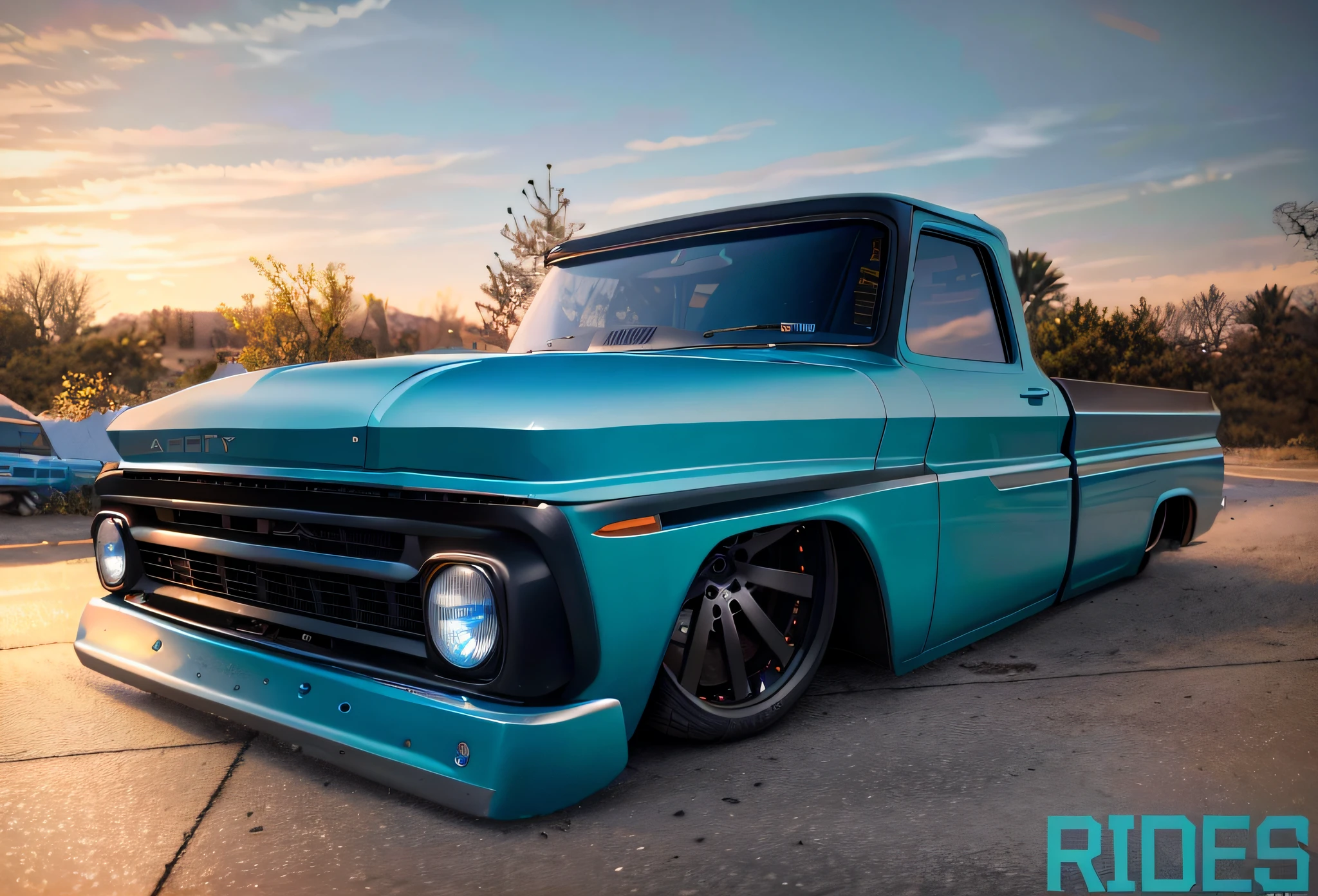 Realistic image there is a matte blue truck with flames on the side parked in a parking lot, Greg Rutkowski - C 1 0 , insanely detailed C 10.0, vibrant - C 10, long front, restomod, sharp smooth lines, wide body, front profile photo, side view, by Jason Felix, front angle, Greg Rutkowski", c 10.0, matte black, late afternoon sky