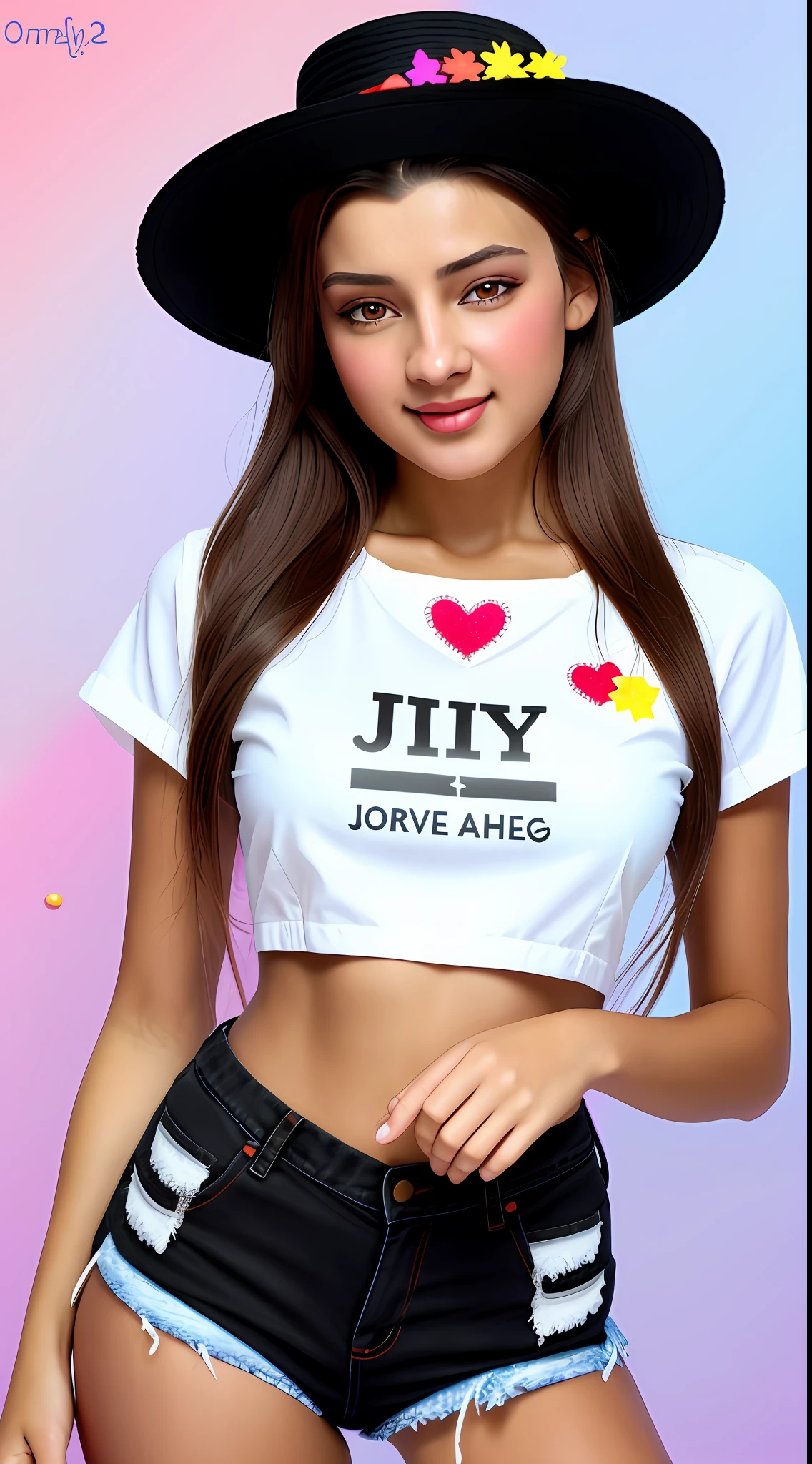 Best quality, realistic, award-winning illustration, (tricky detail: 1.2), (fine detail), (tricky detail), (cinematic lights, best quality), sharp lines, sharp focus, official artwork, 16k, A beautiful woman with a smiling face, wearing a straw hat, wearing a June party hat, June parties, white graffiti splash background, a beautiful young chef, wearing a black apron with colorful blouse emblazoned in June party colors, Wearing jeans, medium black hair, holding a large can of delicious candy, creamy candy splash, character design by George Lucas style, white background.