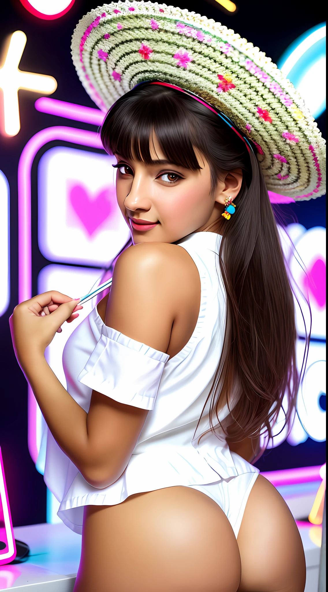 Best quality, realistic, award-winning illustration, (tricky detail: 1.2), (fine detail), (tricky detail), (cinematic lights, best quality), sharp lines, sharp focus, official artwork, 16k, A beautiful woman with a smiling face, wearing a straw hat, wearing a June party hat, June parties, white graffiti splash background, a beautiful young chef, wearing a black apron with colorful blouse emblazoned in June party colors,  Wearing jeans, medium black hair, holding a large can of delicious candy, creamy candy splash, character design by George Lucas style, white background.