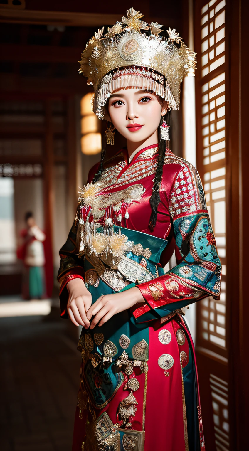 (8k, RAW Photo, Best Quality, Masterpiece: 1.2), (Realistic, Realistic: 1.37), 1 Girl, Aalfi Woman Posing for Photo in Red Dress and Headdress, Gorgeous Role Play, Beautiful Costume, Complex Fantasy Dress, Beautiful Fantasy Queen, Chinese Dress, Complex Dress, Complex Costume, Traditional Beauty, Gorgeous Chinese Model, Chinese Costume, Inspired by Lan Ying, Wearing Gorgeous Costume, Inspired by Puhua, wearing elegant Chinese Xiuhe dress, Chinese wedding dress, Phoenix crown Xia hand, antique bride