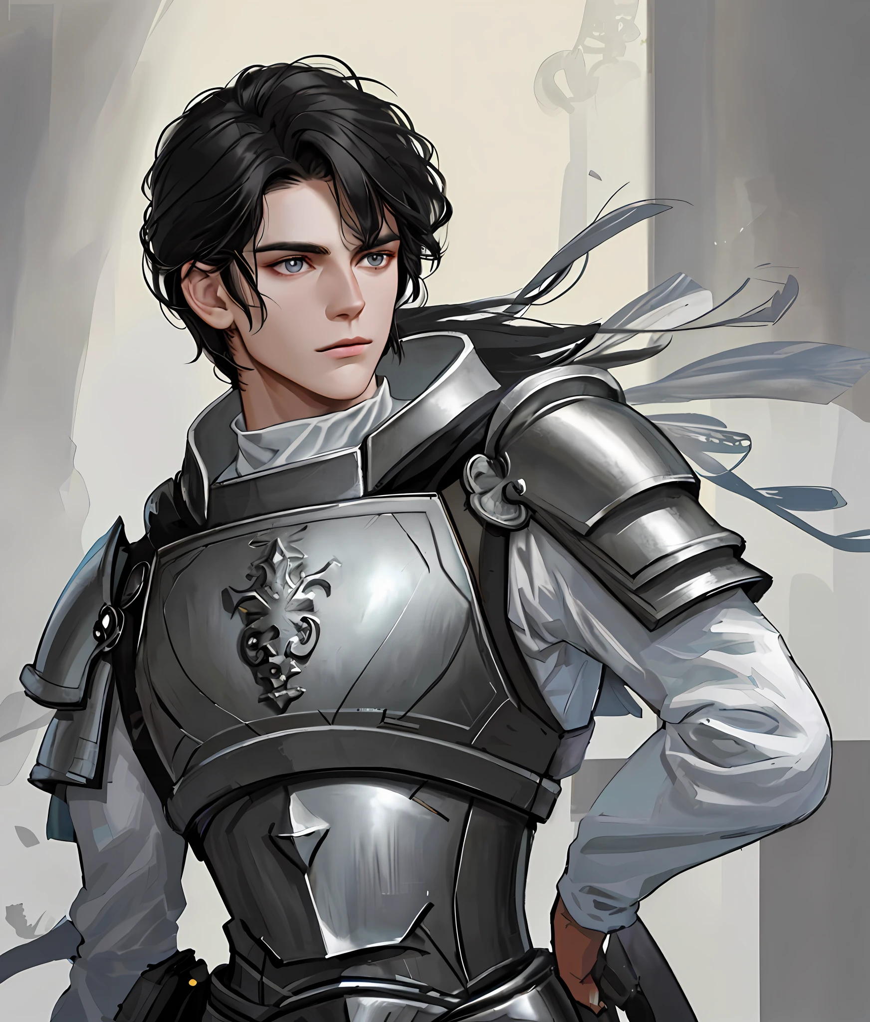 Best image quality, 4k, masterpiece, majestic man, black hair, white and tender skin, dark gray eyes, black armor, whip, young, godly eyes, exquisite hair, look at the lens, face focus, delicate facial features, front lighting, front light source, portraiture, face magnification, face close-up, above the shoulder, excellent posture to capture the line of sight, portrait painting effect,