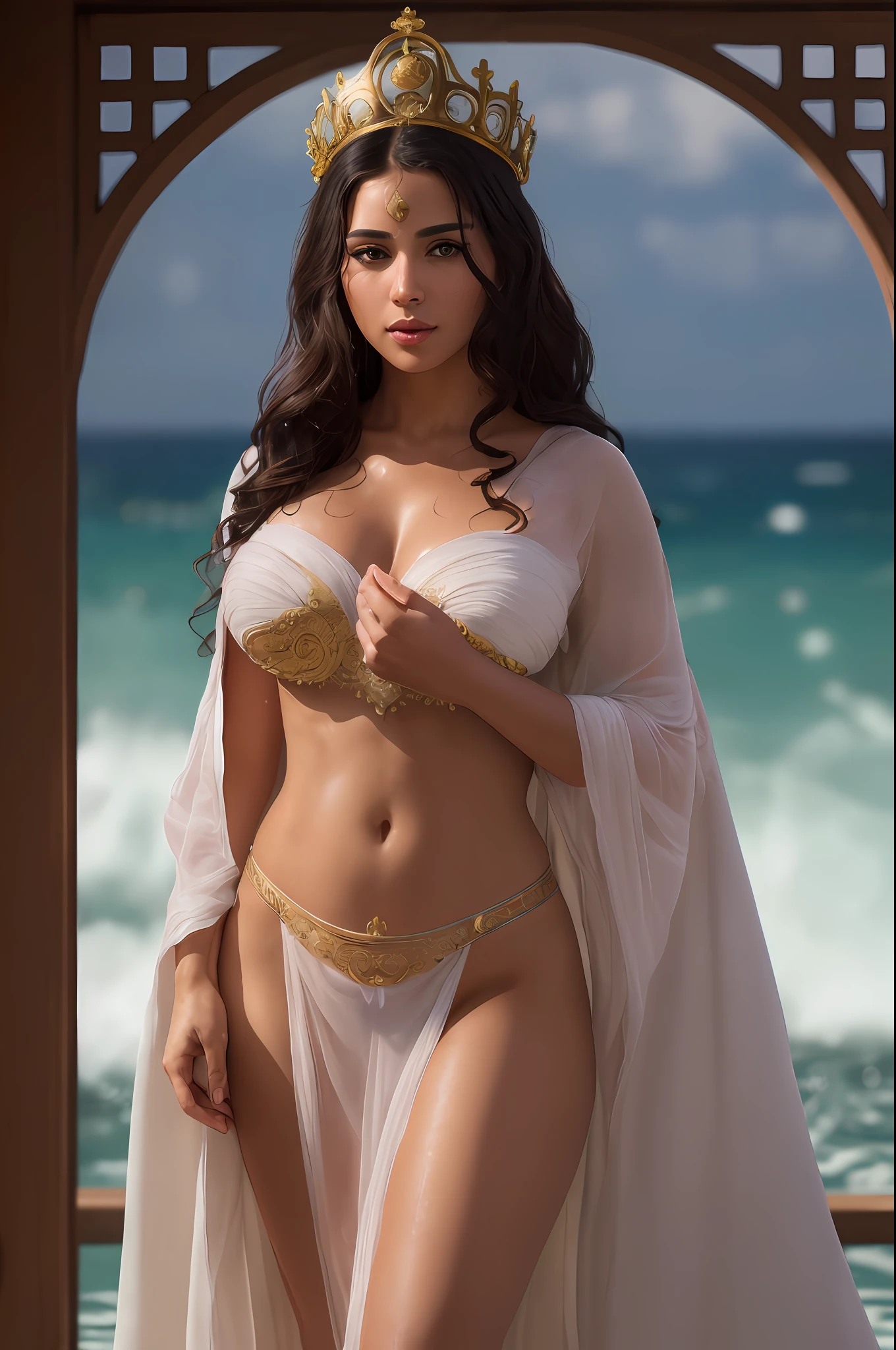 Cinematic film still from fantasy, full body, of ((beautiful woman)), (greek skin), looking at viewer, (wearing robe (flowing goddess attire), (loose robe)), (open, (saggy firm breasts), seductive look, motherly, hard, wide hips,((detailed facial features)), alluring brown eyes, smooth belly, (transparent clothes),(detailed skin), long wavy hair, (ocean base:1.2), damp, moist, intricate details, shallow depth of field, cinematic lighting, reflections, photographed on a Leica 10772 M-P, 50mm lens, F/2.8, HDR, 8k resolution, disciples, worshippers, royal bath, submerged, back view,