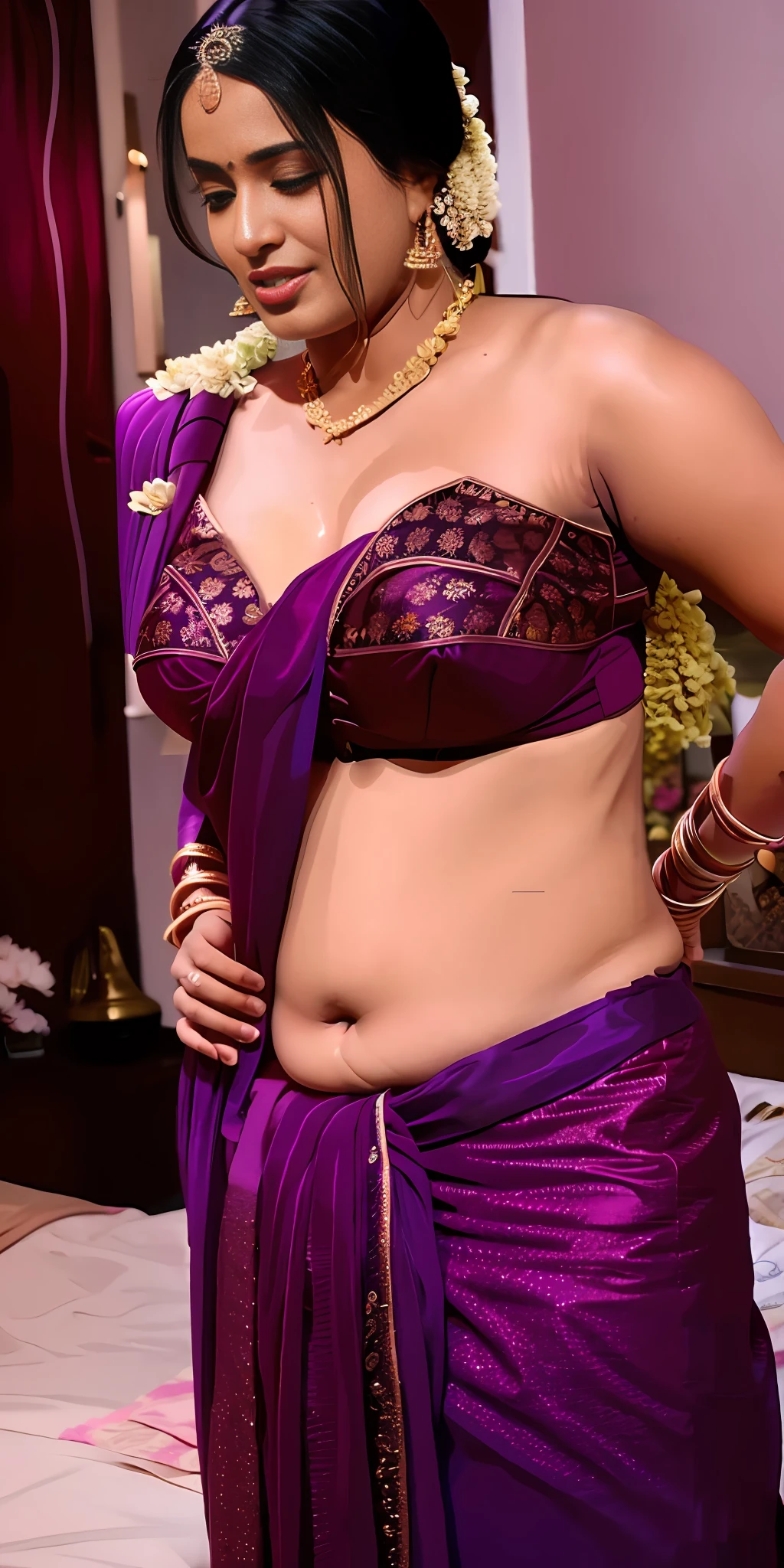 Dusky Indian lesbian girls, married, suhagraat, undressing blouse, lust face to face, honeymoon, cute full body indian dress, cuddling in bed, looking at camera, curiously, thirst for lips, busty, lesbian, in love,(masterpiece: 1.3), (beautiful: 1.2), (high quality: 1.2), ((hyper realistic))