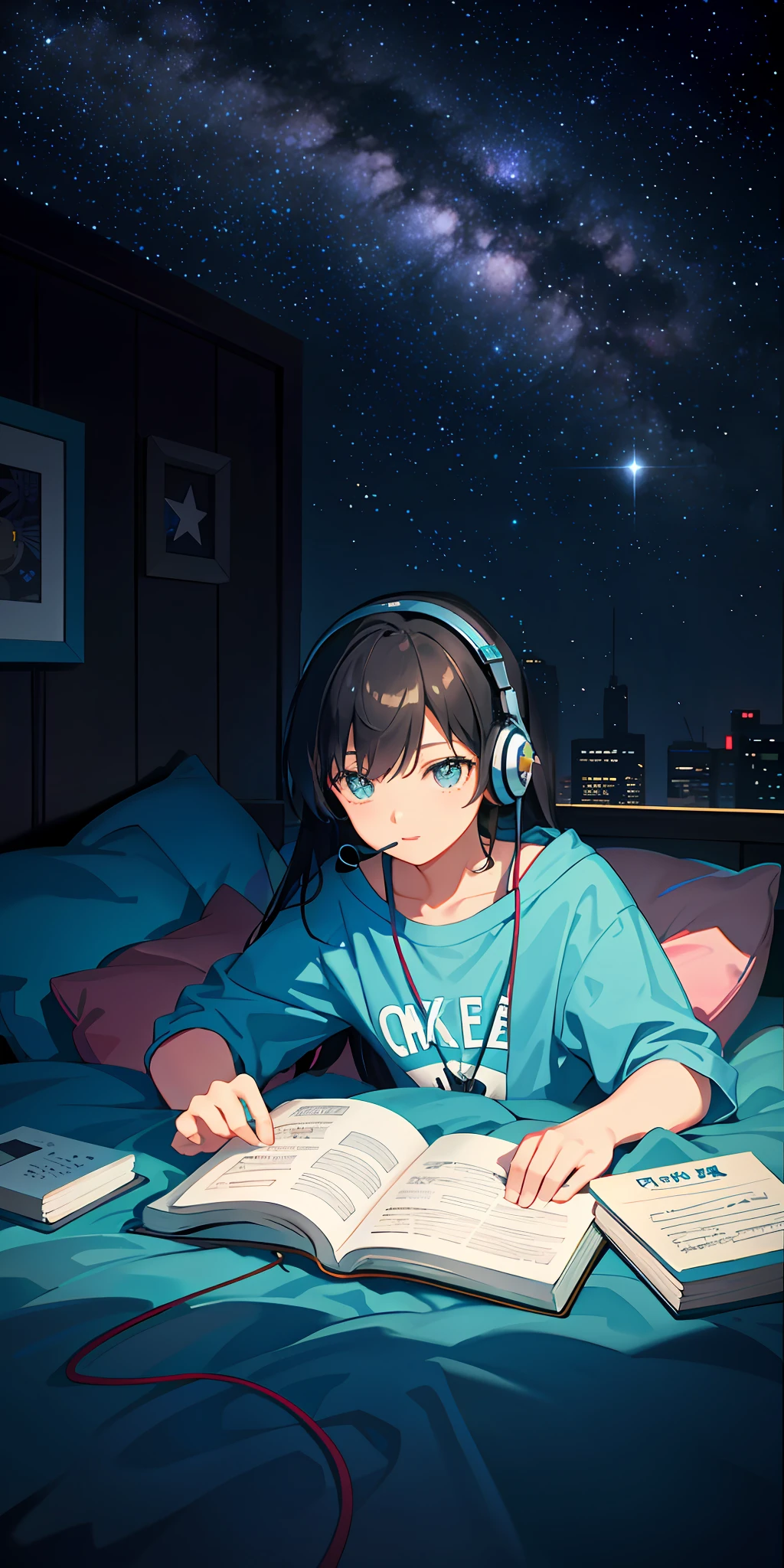 Lofi hip hop, lying in bed, with headset, reading book, starry sky with galaxy, high quality