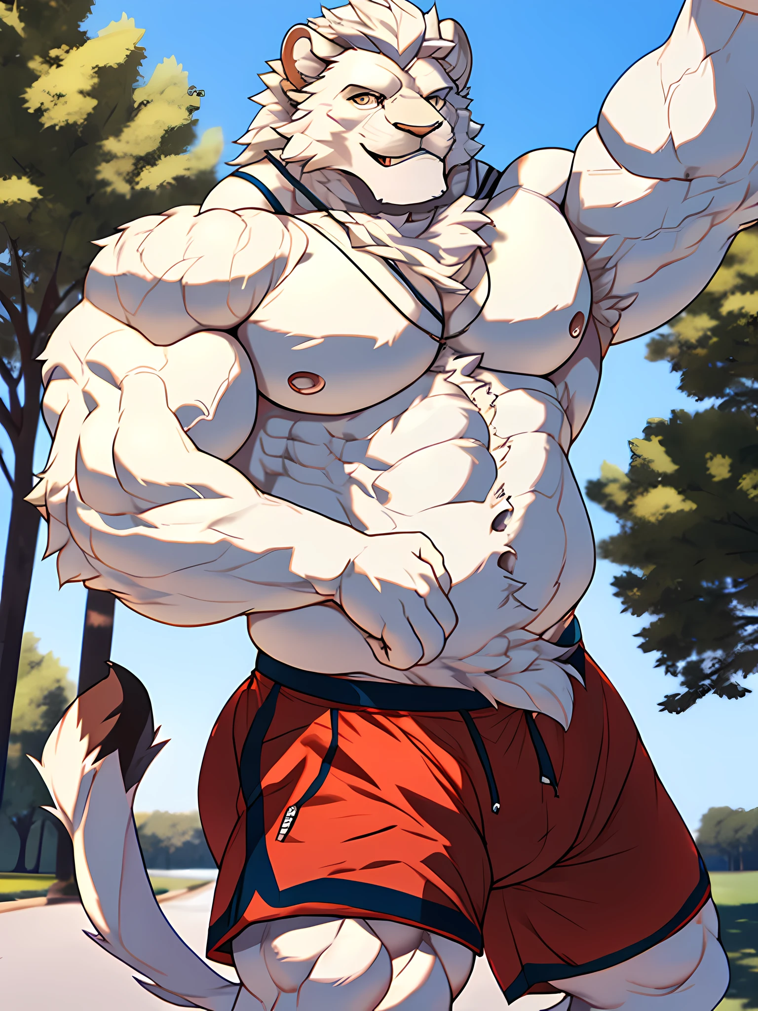muscular old man standing on park, shorts, furry, an anthro (white lion), an anthto, a old man big muscular, happy expression, detailed face, face, detailed eyes, eyes, really big muscle, bigger muscle, very big muscular, over sized muscle, biggest muscle, big pec muscular, biggest pec muscle, detailed muscle, realistic rendering, CG realistic, 3d realistic, photography, background