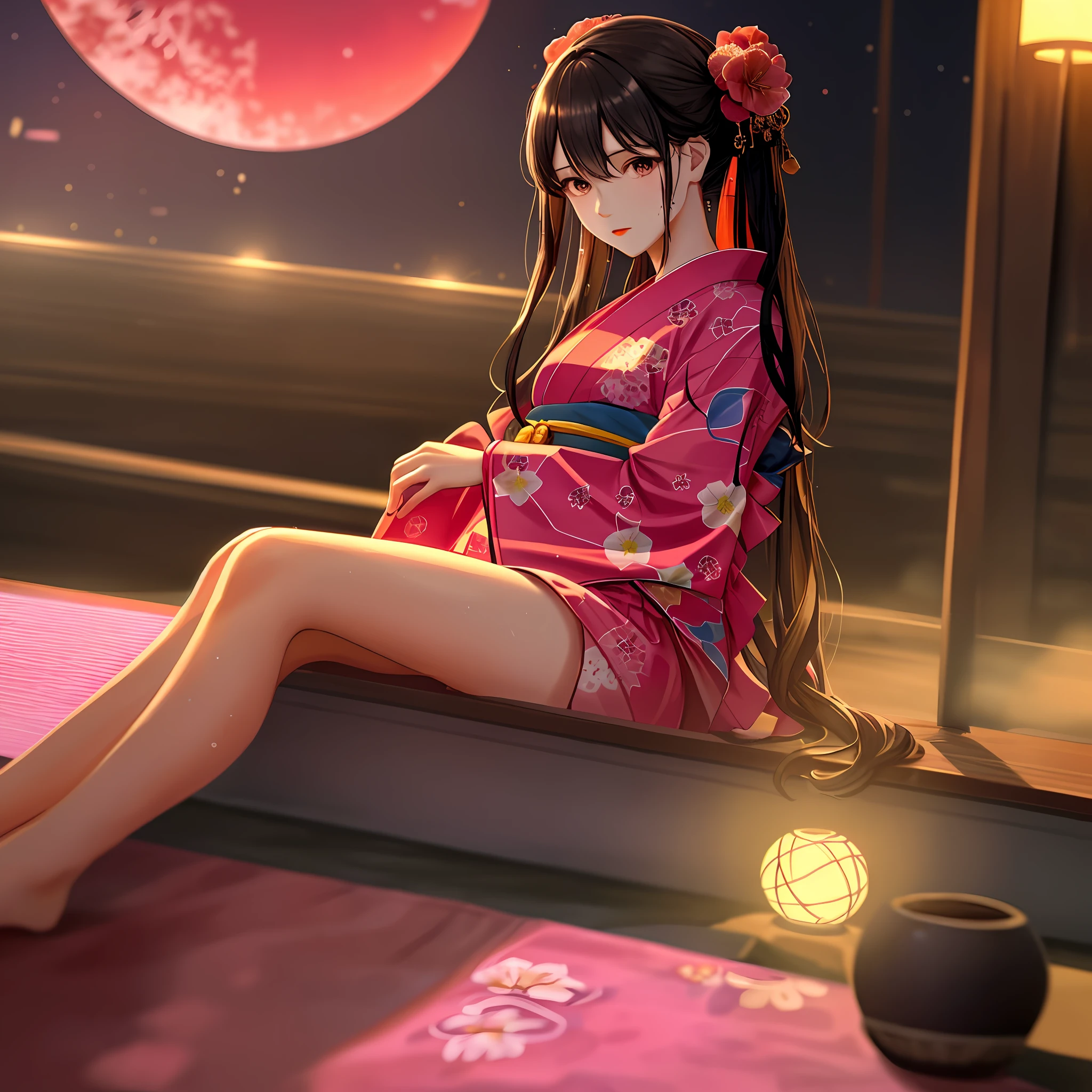 Best quality, high-resolution, RAW photos, real photo sticks, best beauty 1girl, wearing a yukata with pink floral pattern on a red background, grassland, jet black night sky, moonlight only, brightness 0.1, fan, sitting position, beautiful small, beautiful thighs, long lashes, wet red lips, sexy expression, sexy pose, body wet with sweat, black hair long hair.