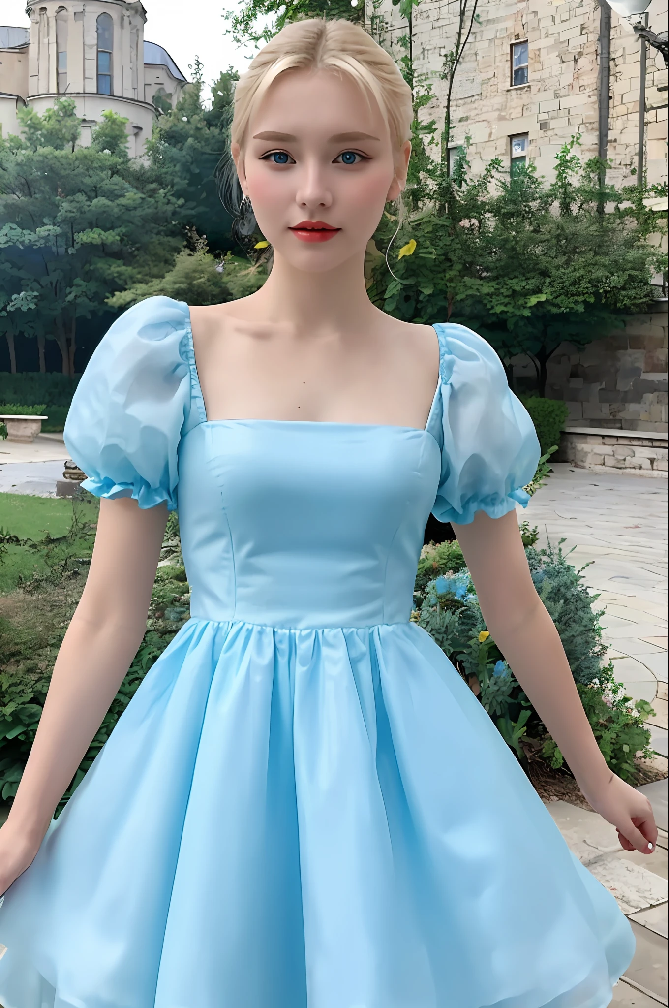 realistic, photo, beautiful, 21_years_old, pretty, wearing puff_dress, blonde hair, blue dress, Ukrainian face,
