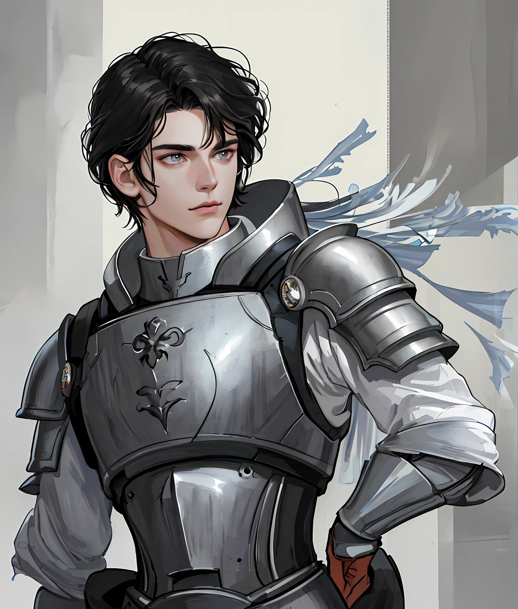 Best image quality, 4k, masterpiece, majestic man, black hair, white and tender skin, dark gray eyes, black armor, whip, young, godly eyes, exquisite hair, look at the lens, face focus, delicate facial features, front lighting, front light source, portraiture, face magnification, face close-up, above the shoulder, excellent posture to capture the line of sight, portrait painting effect,