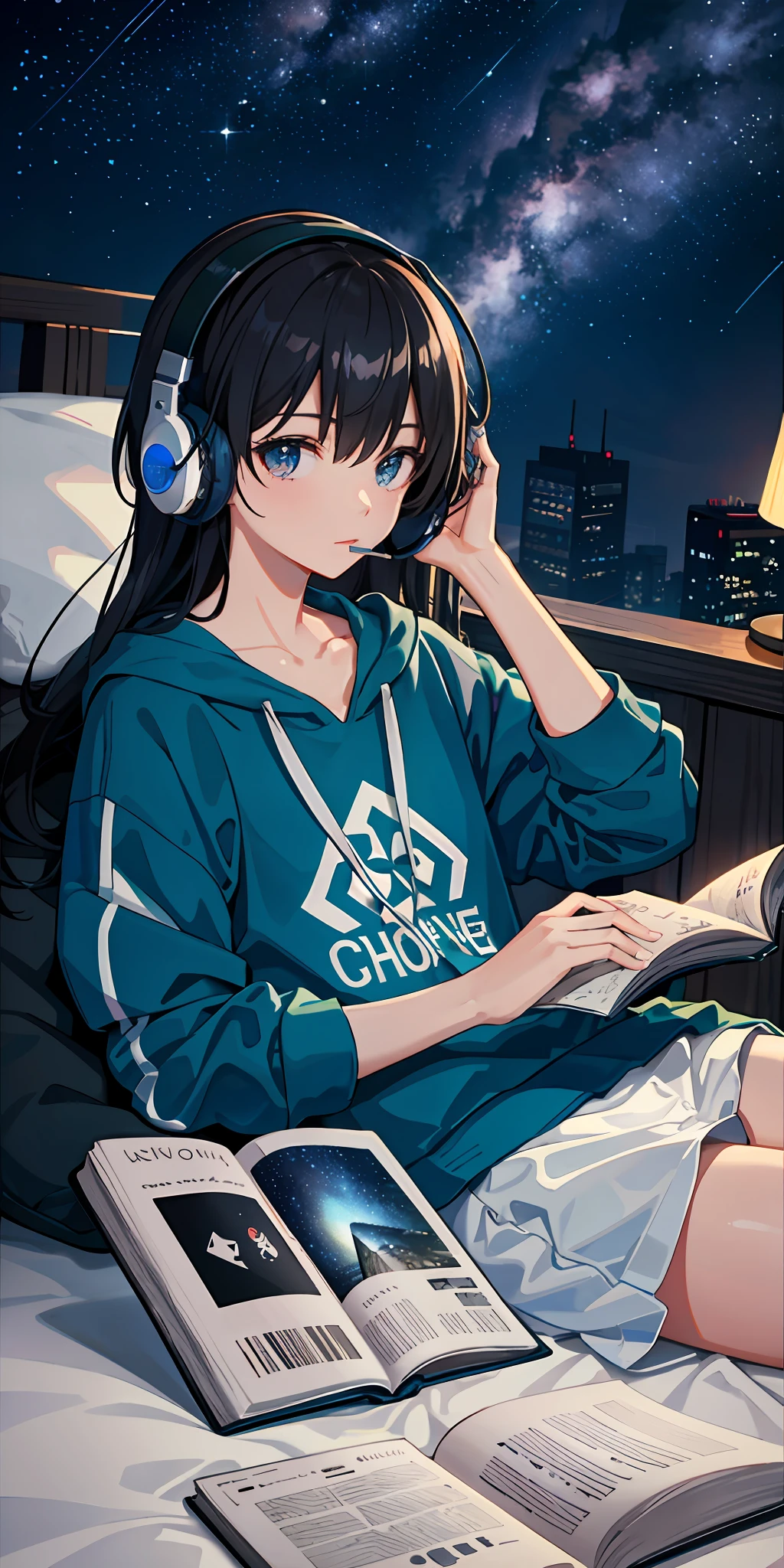 Lofi hip hop, lying in bed, with headset, reading book, starry sky with galaxy, high quality