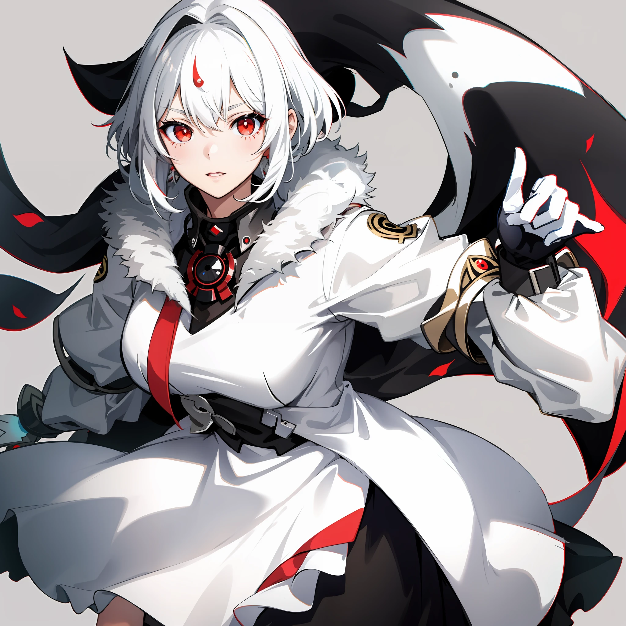 Only 1 girl, anime girl, anime, black and white hair style, red eyes, imperial white coat