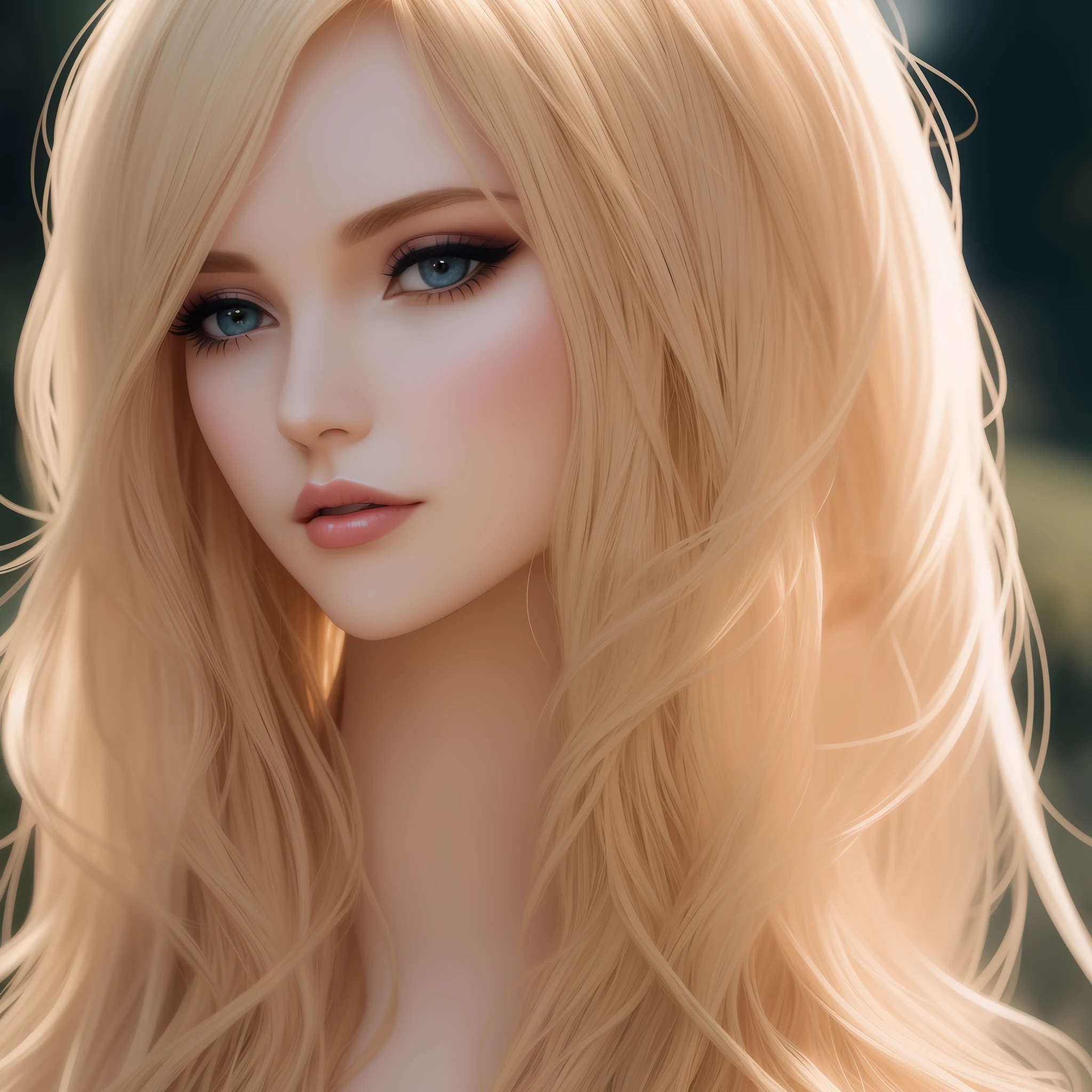 Photograph of a blonde woman with natural skin, long and voluminous hair, sharp eyes, a thin and upturned nose, shapely lips, and an hourglass figure, wearing typical clothes and makeup. It must be intricately maximalist-detailed, vibrant, epic, smooth, cinematic, HD, backlit, and have a shallow depth of field.