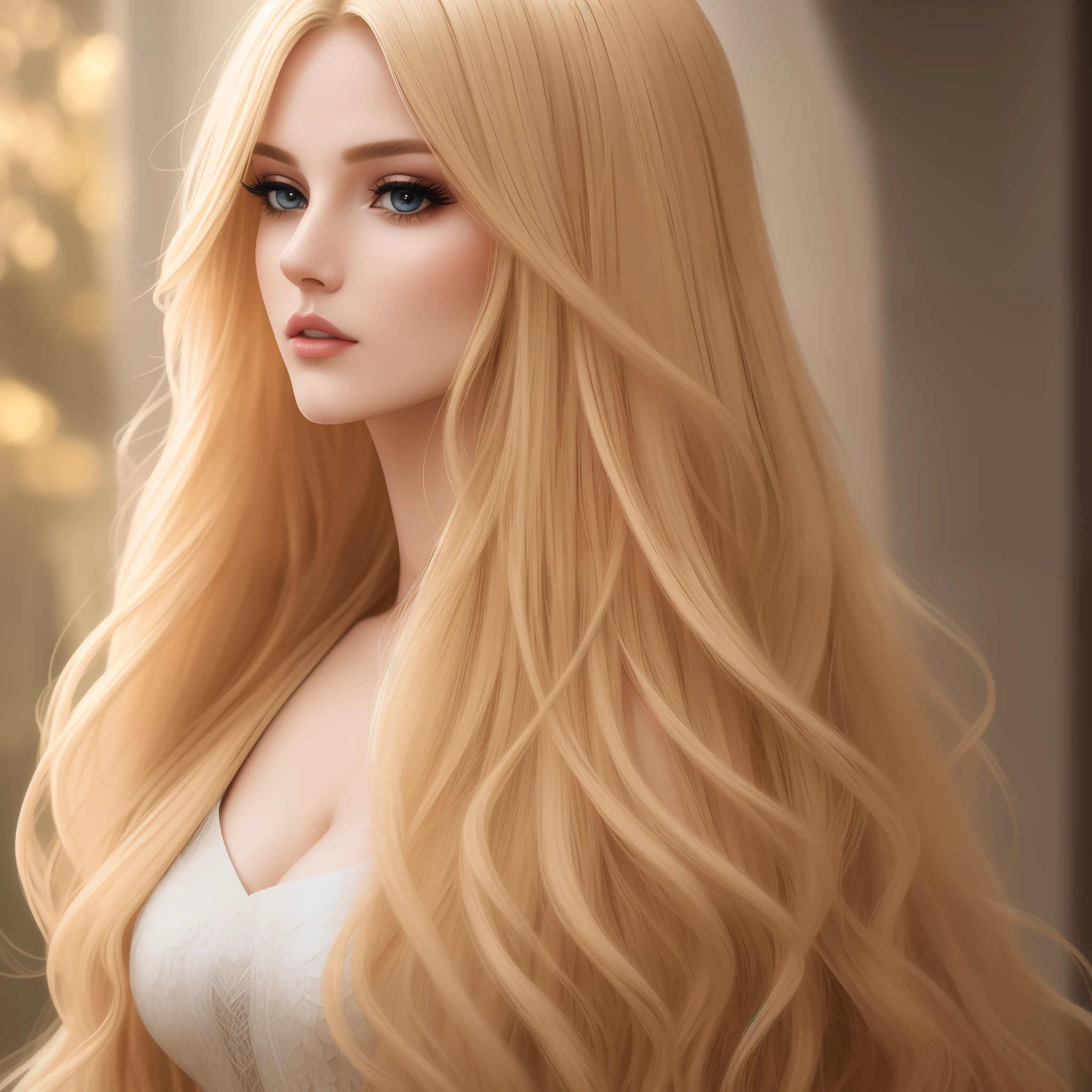 Photograph of a blonde woman with natural skin, long and voluminous hair, sharp eyes, a thin and upturned nose, shapely lips, and an hourglass figure, wearing typical clothes and makeup. It must be intricately maximalist-detailed, vibrant, epic, smooth, cinematic, HD, backlit, and have a shallow depth of field.