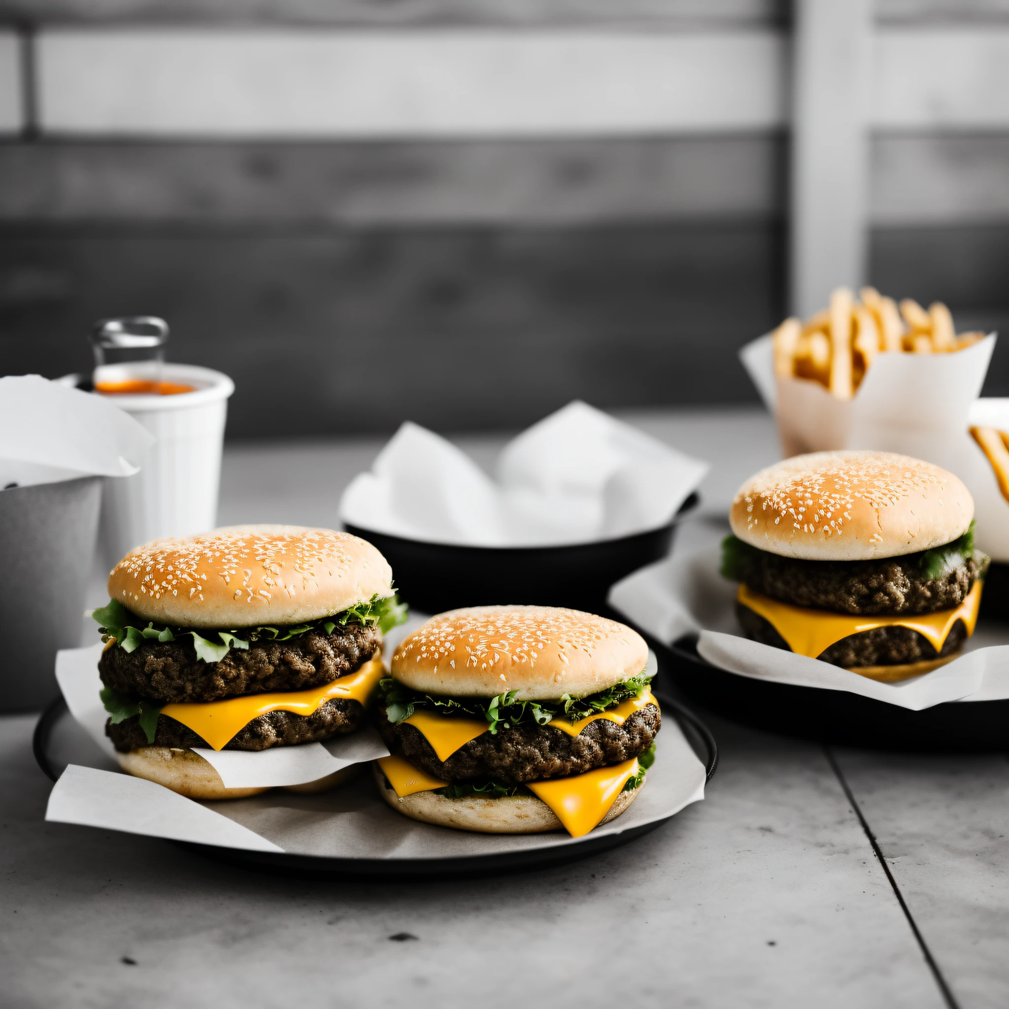 hamburger cheese:fastfood, realistic, cinematic, photography, just a snack, background in gray tones