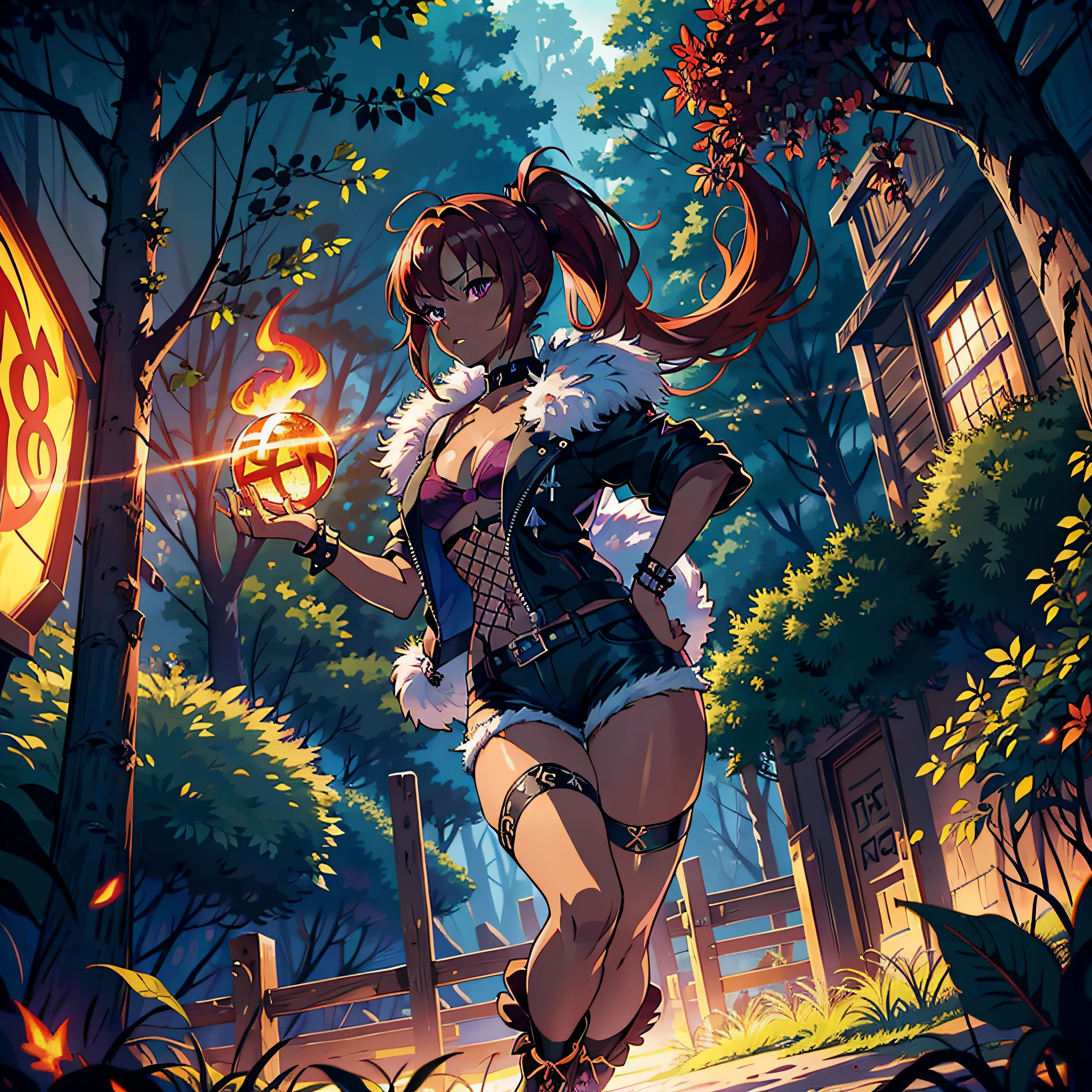 Masterpiece, Ultra detailed, great composition, fantasy, high quality, intricate details, {{{intricate hair details}}}, beautiful detailed eyes, {Anime Style}, ray tracing, perfect anatomy, {{chromatic aberration}}, absurdres, (Ragnarok Online), {{forest aesthetic}}, (tree architecture), holding a ball of fire, pyrokinesis, casting magic, outdoors, (forest), dappled sunlight, light rays, detailed hair, textile shading, dynamic light, dynamic angle, {{Extremely detailed eyes}}, (smirk), (hand on hip), ((((solo)))), short hair, ((red hair)), ((short ponytail)), (((((dark-skinned female))))), ((((dark skin)))), detailed red jacket, open jacket, (fur-trimmed jacket), navel, short sleeves, (black bra), (spiked bracelet), short shorts, (black shorts), ((fur-trimmed shorts)), ((fishnet legwear)), pantyhose, (brown footwear), shoes, (((purple eyes))), (((((18 years old))))), lightly toned, (handsome woman)