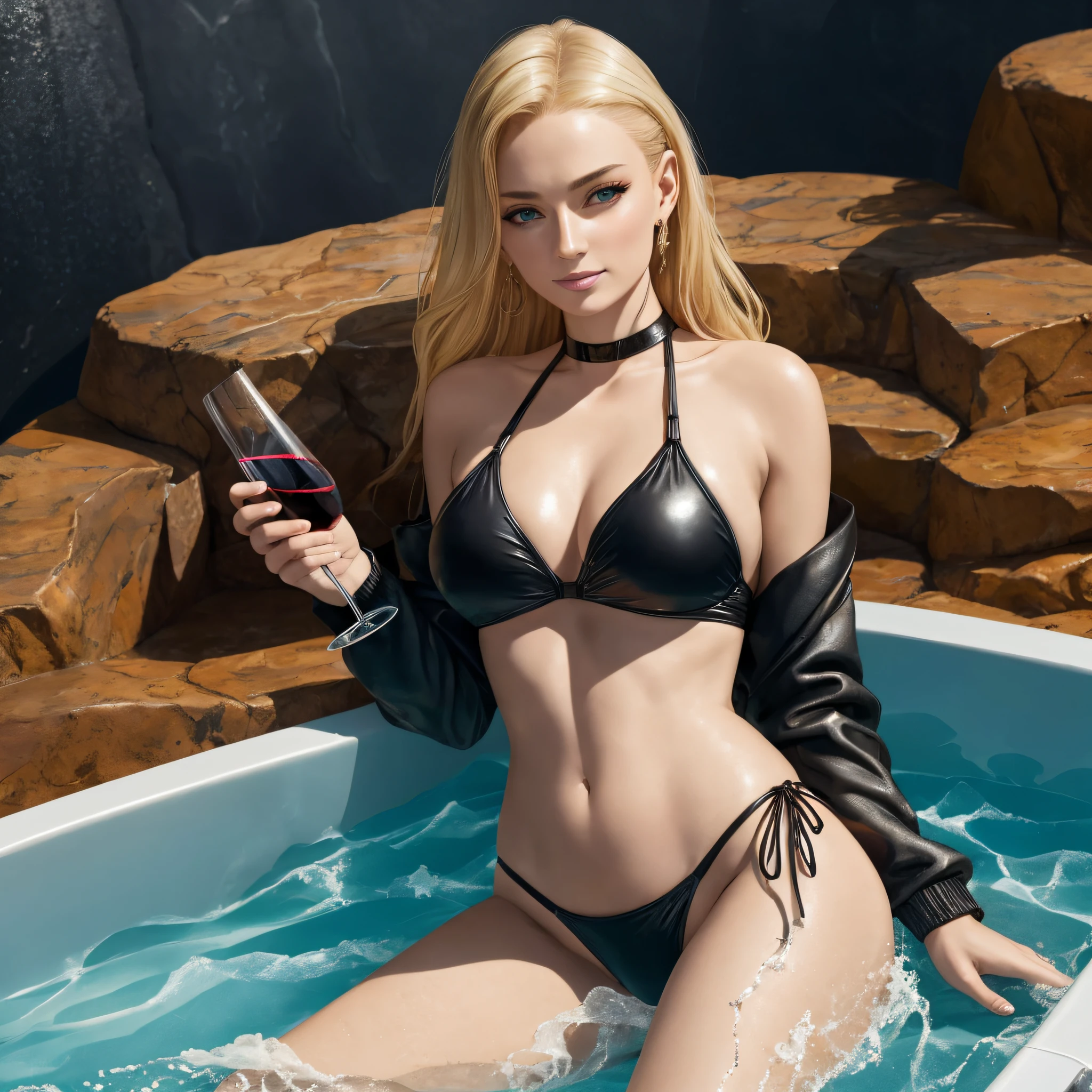 Blonde woman in black bikini sitting in the hot tub with man, wearing leather bikini, wearing leather swimming suite, Steven Klein, fantasy, "fantasy", by the pool, Anna Dittman, Sophie Turner Girl, Jingna Zhang, metal bikini, Artgerm and Patrick Demarchelier, & jeehyung lee & wlop, 5 0 px models, maxim sukharev smiling softly sipping red wine in a crystal glass --auto --s2