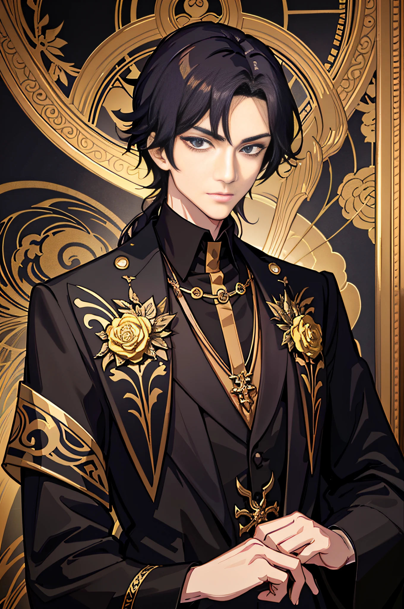 Close-up of a man dressed in black and gold, handsome guy in demon killer art, steampunk male portrait, beautiful androgynous prince, Korean Art Nouveau anime, highly detailed refined fanart, anime portrait of a handsome man, illustration of Shigeri Sojima, exquisite androgynous prince, inspired by Masanobu Okumura, handsome Japanese demon boy, black eyes