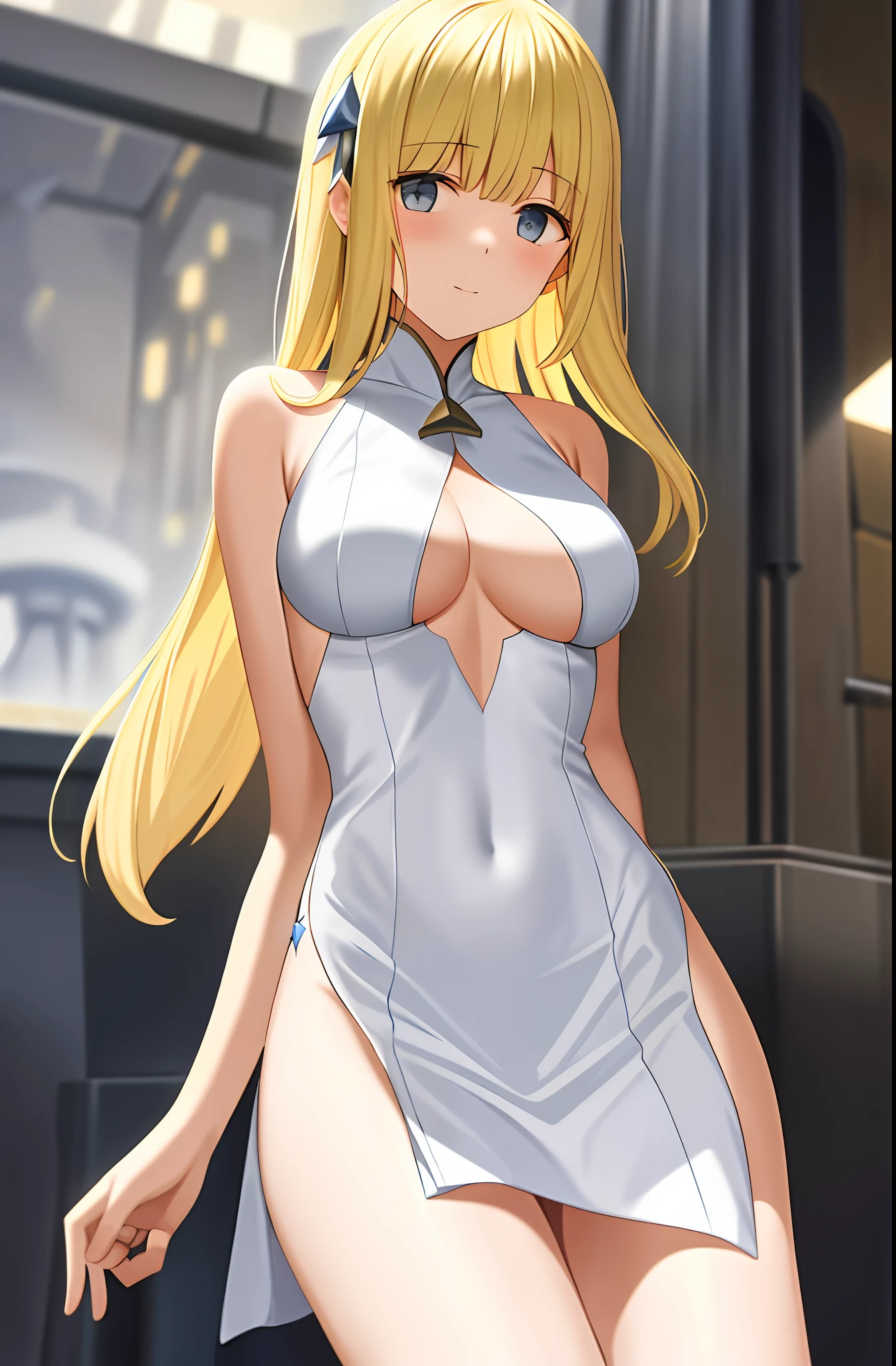 1girl, ais wallenstain, priestess, white and blue dress with slits, underboob, miniskirt, blonde hair, sharp image, masterpiece