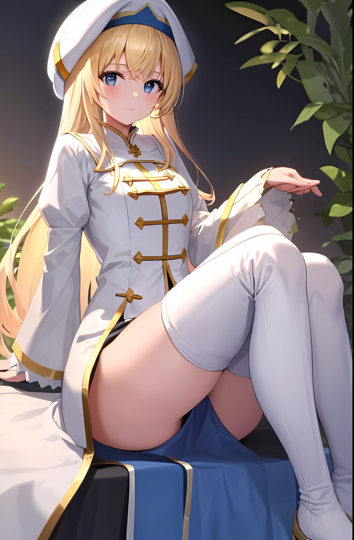 masterpiece, 1girl, priestess, white and blue dress with slits, blonde hair, sharp image, thighthigh boots, sitting, legs apart, delicate features