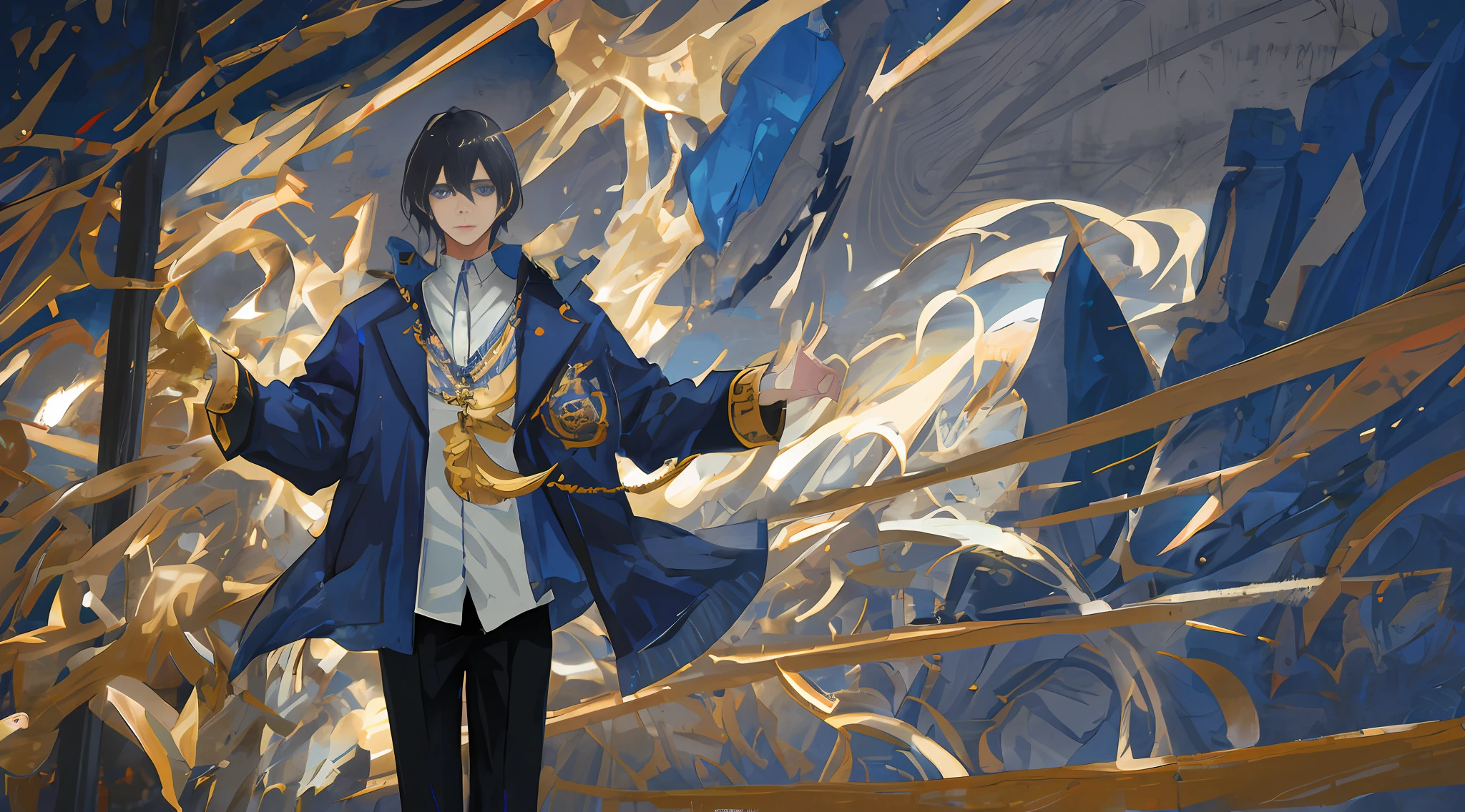a young man with black hair and blue eyes, close cam, black clothes, blue jacket with gold details, dynamic pose, medieval, anime style