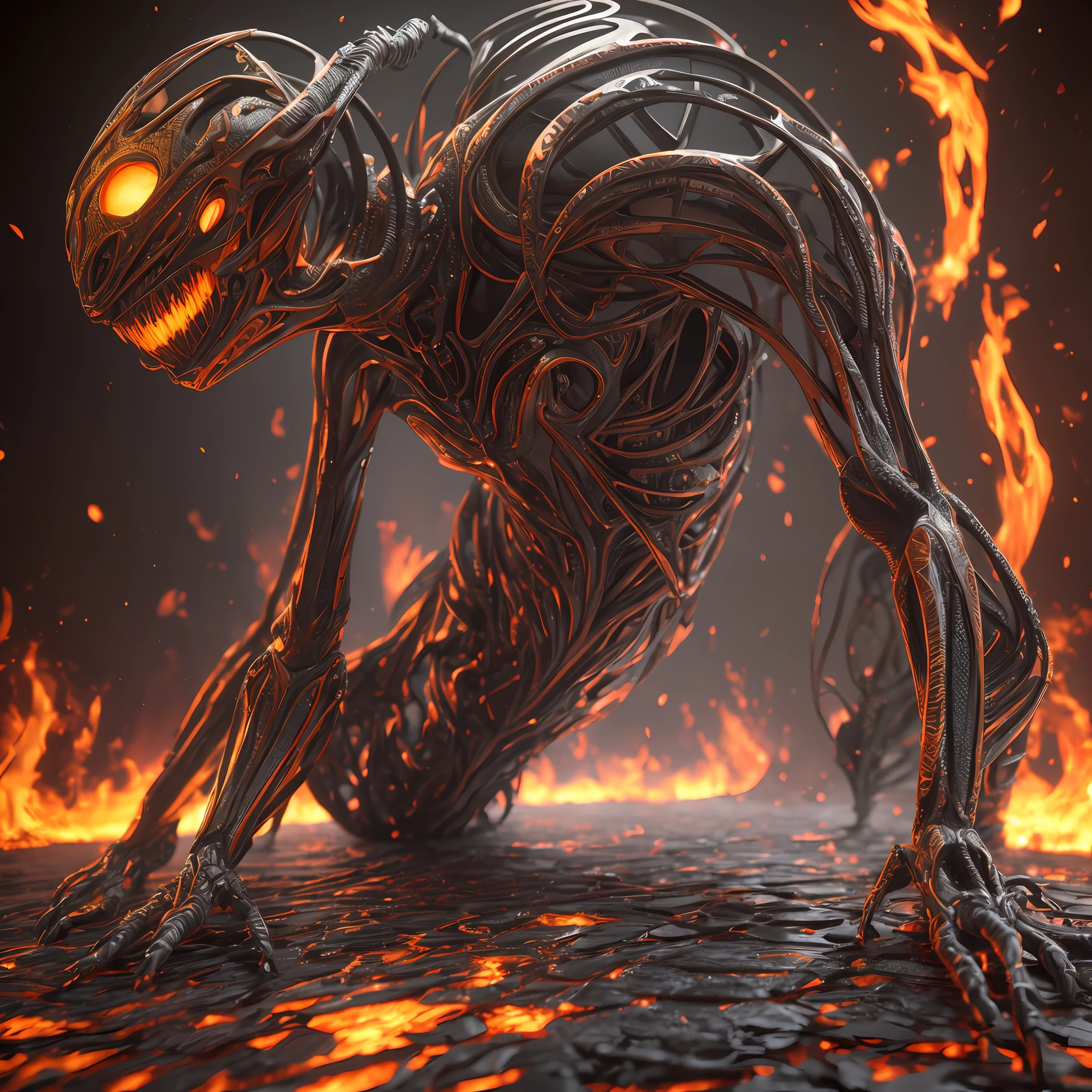 A 3d render of a [woman::creepy alien:8], highly detailed, 8K, stunning, hdr, subsurface scattering, global illumination, film still, Film-like, bokeh, 3d, RTX, insanely detailed, ornate pattern, fire, inferno, insect macro, ((very sexy pose)), volumetric lighting, caustics, 512paintstyle1, Style-Psycho, eonn2 --auto --s2