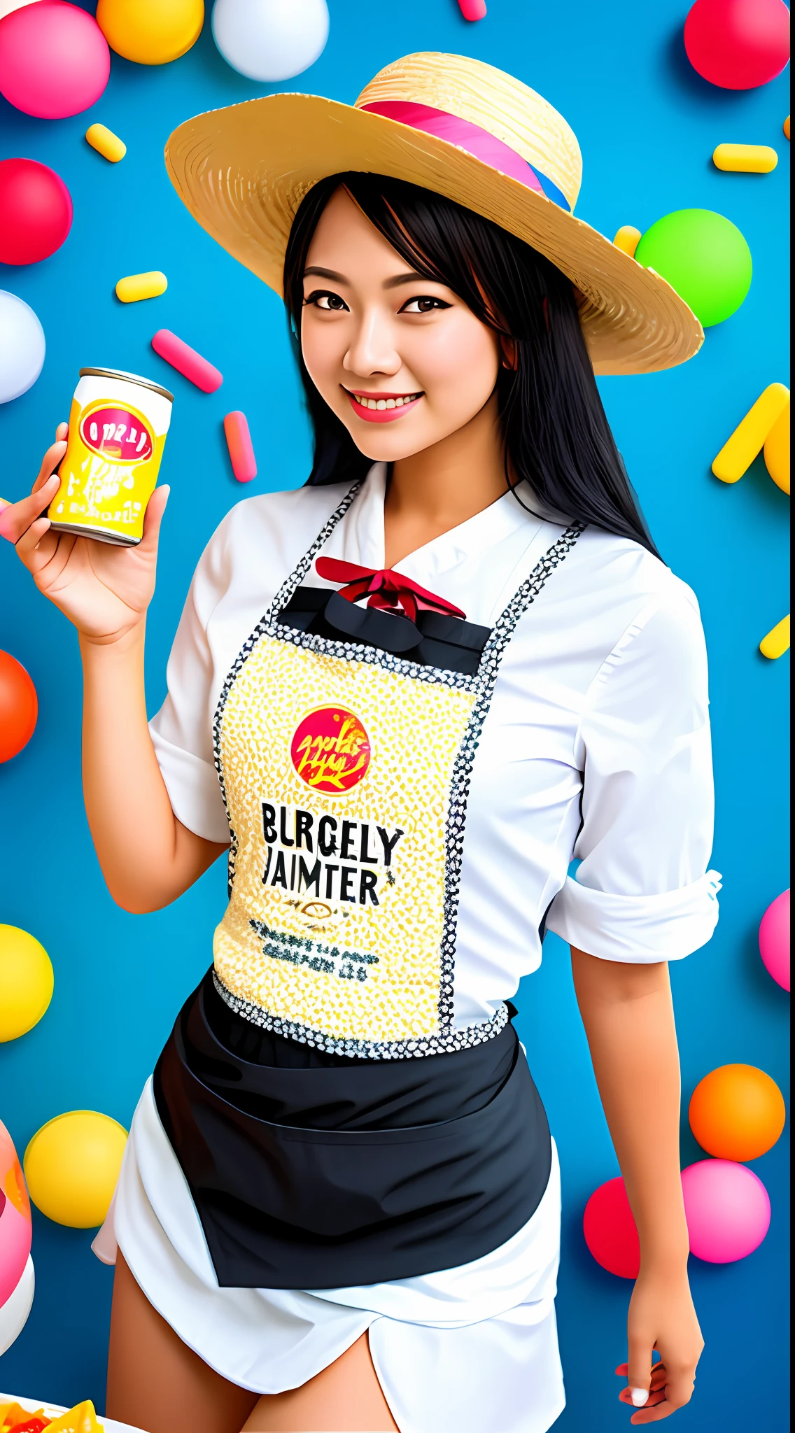 Best quality, realistic, award-winning illustration, (tricky detail: 1.2), (fine detail), (tricky detail), (cinematic lights, best quality), sharp lines, sharp focus, official artwork, 16k, A beautiful woman with a smiling face, wearing a straw hat, wearing a June party hat, June parties, white graffiti splash background, a beautiful young chef, wearing a black apron with colorful blouse emblazoned in June party colors,  Wearing jeans, medium black hair, holding a large can of delicious candy, creamy candy splash, character design by George Lucas style, white background.