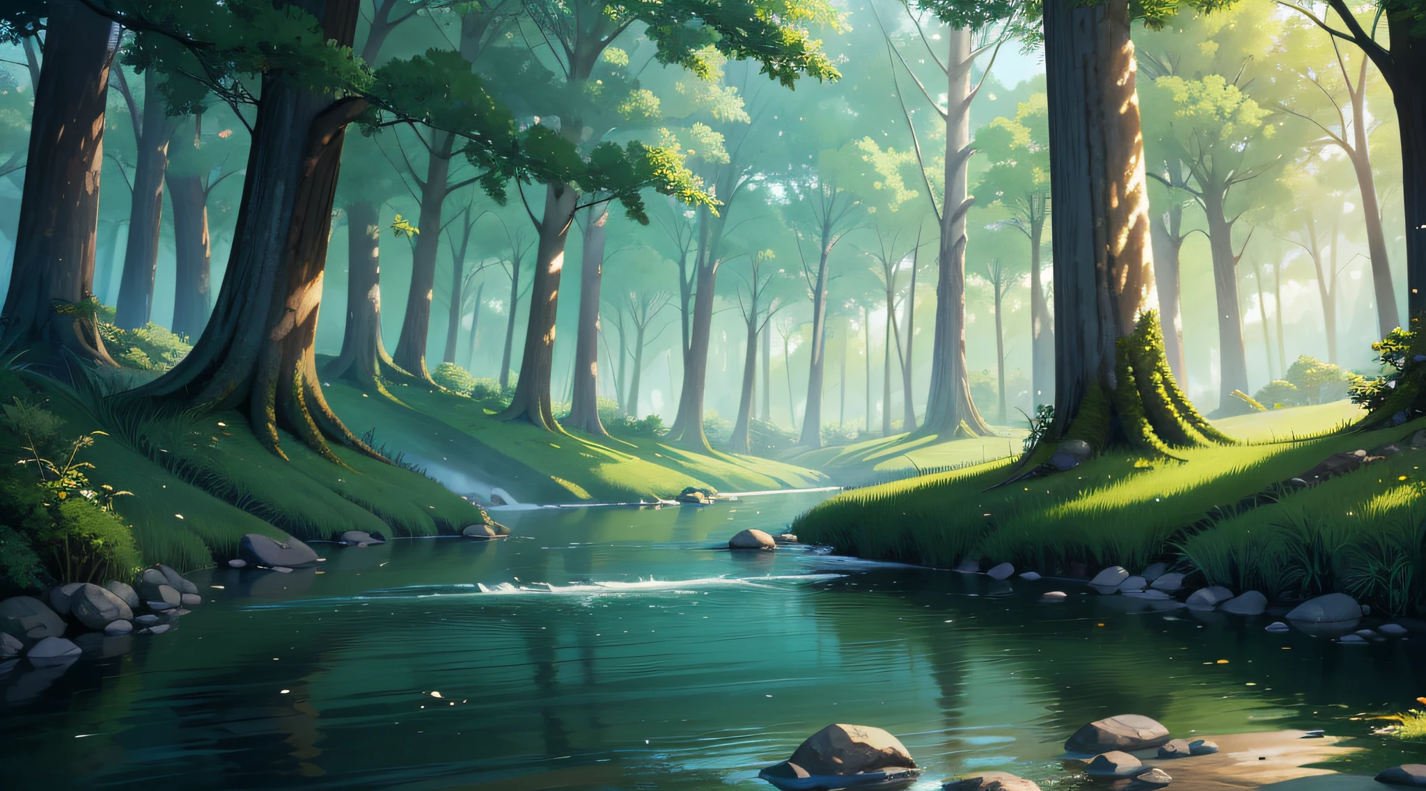 river, riverbank, forest, big trees, masterpieces, HD, high quality, highres, high quality, high details, masterpiece, anime style, anime