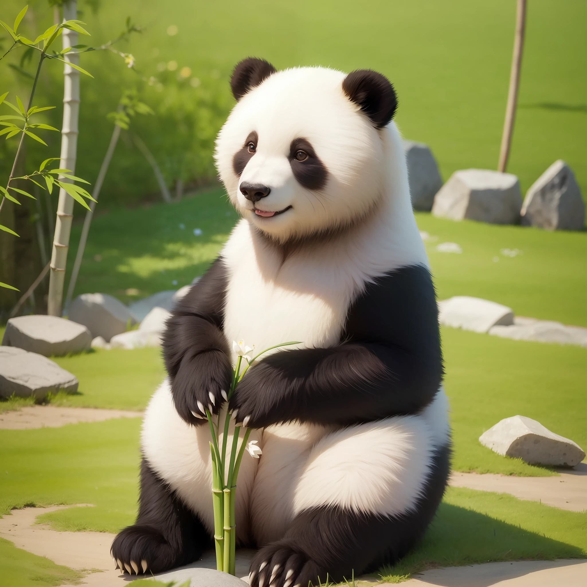 8K, 1 bear, cute sitting on the ground, small tail, (shiny and shiny hair: 1.5), (exquisite detail depiction: 1.5), cute giant panda named Hehua, characteristics of giant panda, two front paws holding a large bamboo shoot sitting on the ground, backed by a small stone mountain, there are birds on the mountain, smile to face the audience, enjoy the spring scenery in the small hills full of flowers, wide-angle lens, high-definition picture quality, exquisite detail description
