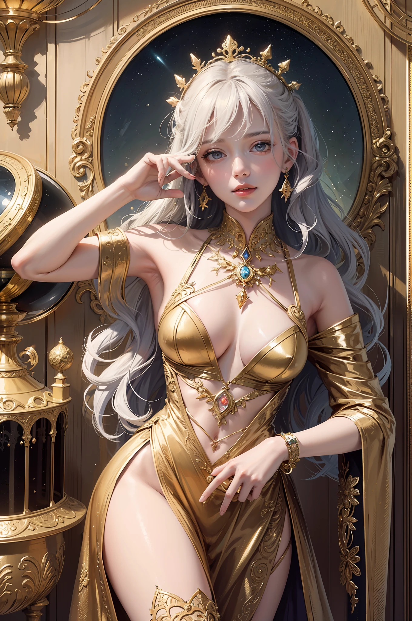 (masterpiece, top quality, best quality, official art, beautiful and aesthetic:1.2), (1girl), white platinum extreme detailed, red dress, colorful,highest detailed, official art, unity 8k wallpaper, ultra detailed, beautiful and aesthetic, leilinggeng,lightning,,Lots of lightning,drawing,lightning elemental energy towards himself,Beautiful girl, photo framed inside a golden ornament, beautiful, masterpiece, best quality, (zentangle, mandala, tangle, entangle) ,holy light,ice foil,ice leaf art,glitter drawing, ice floating particles