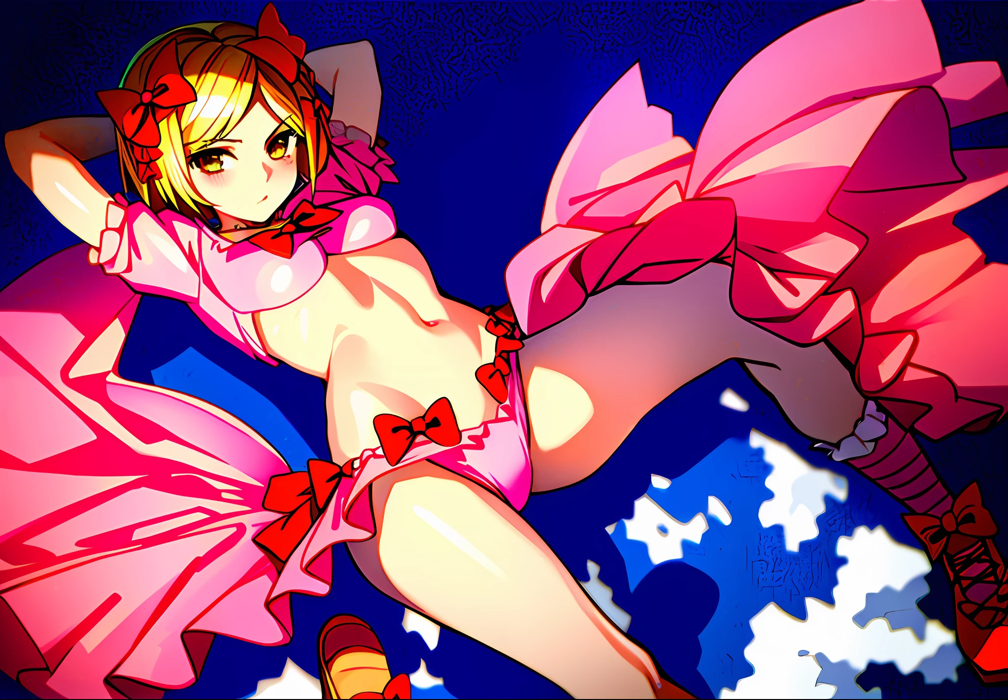 1girl, lambdadelta, pink dress, kneehighs, striped legwear, red shoes, shoe bow, red bows, blond hair, short hair, brown eyes, elbow black gloves, top-down bottom-up, best quality: 1.5, masterpiece, perfect figure, delicate hands, HDR, detailed body, extremely detailed, higres, beautiful girl, Summer, grass, a few small flowers, large clouds, blue sky, hot weather, perfect body, wet skin, navel, sexy, beautiful waist, desirable, small breasts, shy, bikini