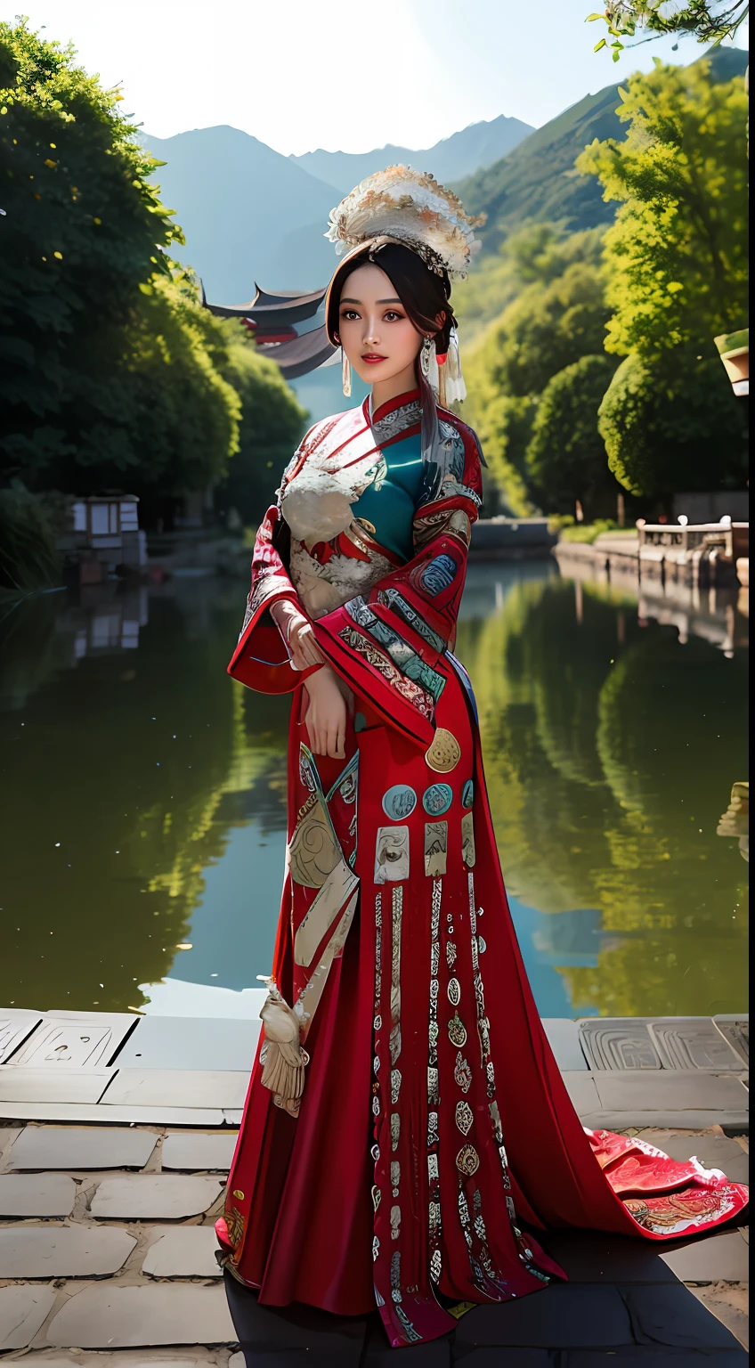 (8k, RAW Photo, Best Quality, Masterpiece: 1.2), (Realistic, Realistic: 1.37), 1 Girl, Aalfi Woman Posing for Photo in Red Dress and Headdress, Gorgeous Role Play, Beautiful Costume, Complex Fantasy Dress, Beautiful Fantasy Queen, Chinese Dress, Complex Dress, Complex Costume, Traditional Beauty, Gorgeous Chinese Model, Chinese Costume, Inspired by Lan Ying, Wearing Gorgeous Costume, Inspired by Puhua, wearing elegant Chinese Xiuhe dress, Chinese wedding dress, Phoenix crown Xia hand, antique bride