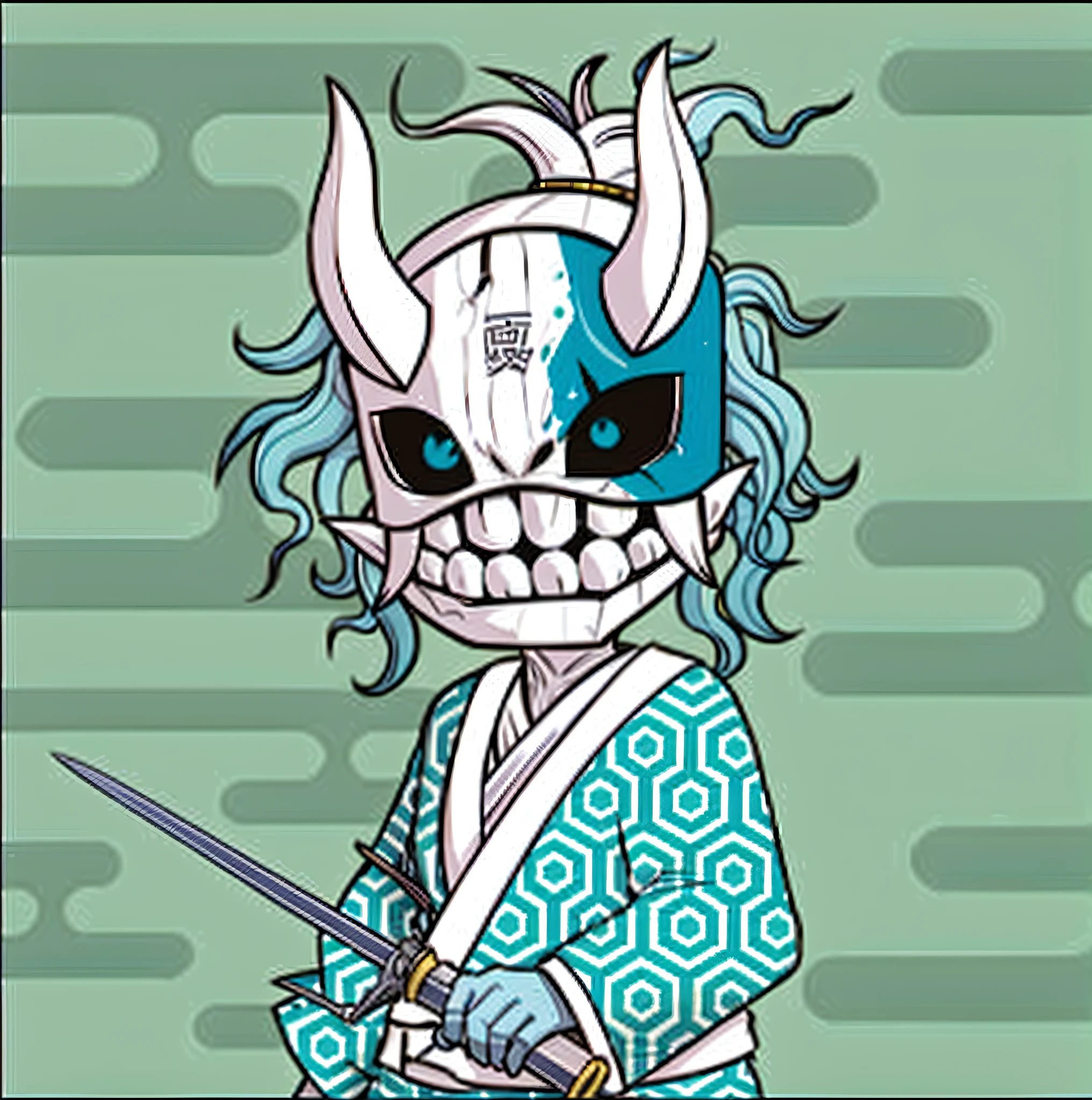 a cartoon character with a blue and white outfit holding a sword, samurai with demon mask, demon samurai, samurai cat, demon samurai mask, gas mask in ukiyo-e style, momoshiki ōtsutsuki, moon bull samurai, demon samurai warrior, afro samurai style, afro samurai manga style, inspired by Tōshūsai Sharaku