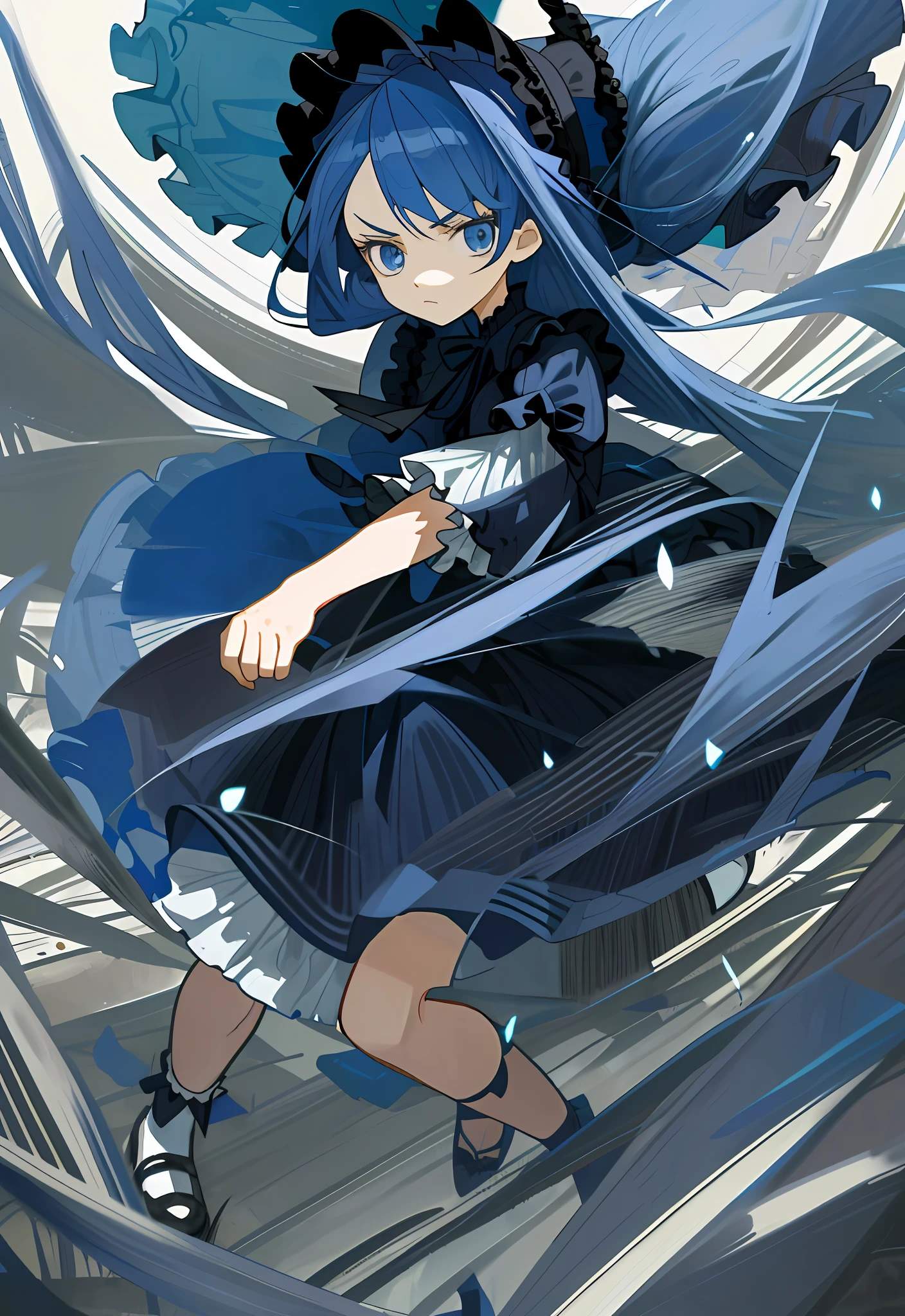 (masterpiece, best quality, illustration), 1 little girl, face focus, long blue hair, half updo, expressionless face, glaring, long navy blue Lolita style dress, bonnet hat, full body, fighting motion pose, loli