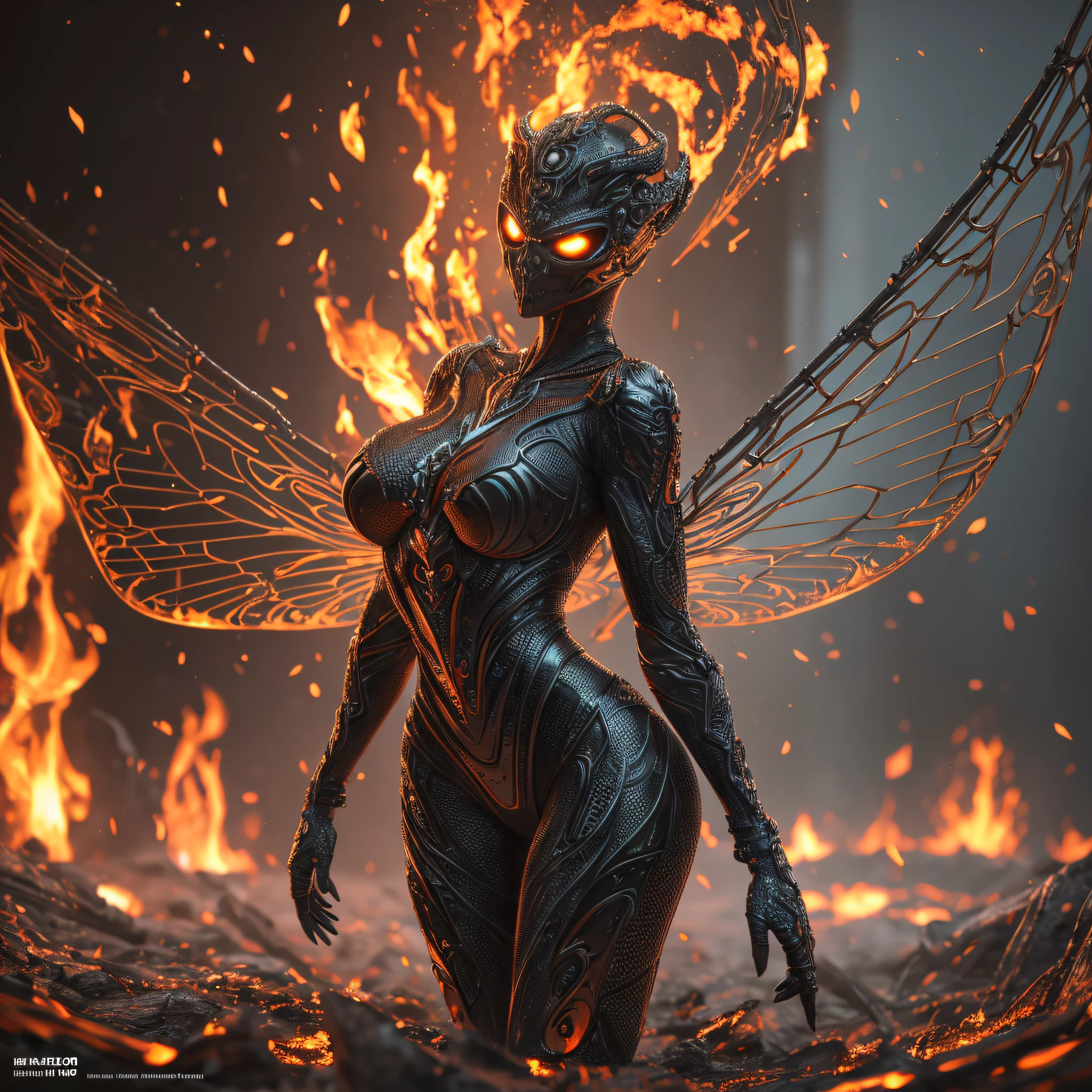 A 3d render of a [woman::creepy alien:8], highly detailed, 8K, stunning, hdr, subsurface scattering, global illumination, film still, Film-like, bokeh, 3d, RTX, insanely detailed, ornate pattern, fire, inferno, insect macro, ((very sexy pose)), volumetric lighting, caustics, 512paintstyle1, Style-Psycho, eonn2 --auto --s2