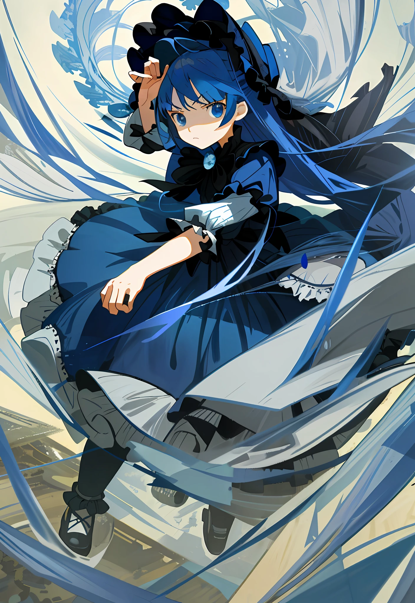 (masterpiece, best quality, illustration), 1 , face focus, long blue hair, half updo, expressionless face, glaring, long navy blue Lolita styless, bonnet hat, full body, fighting motion pose, loli