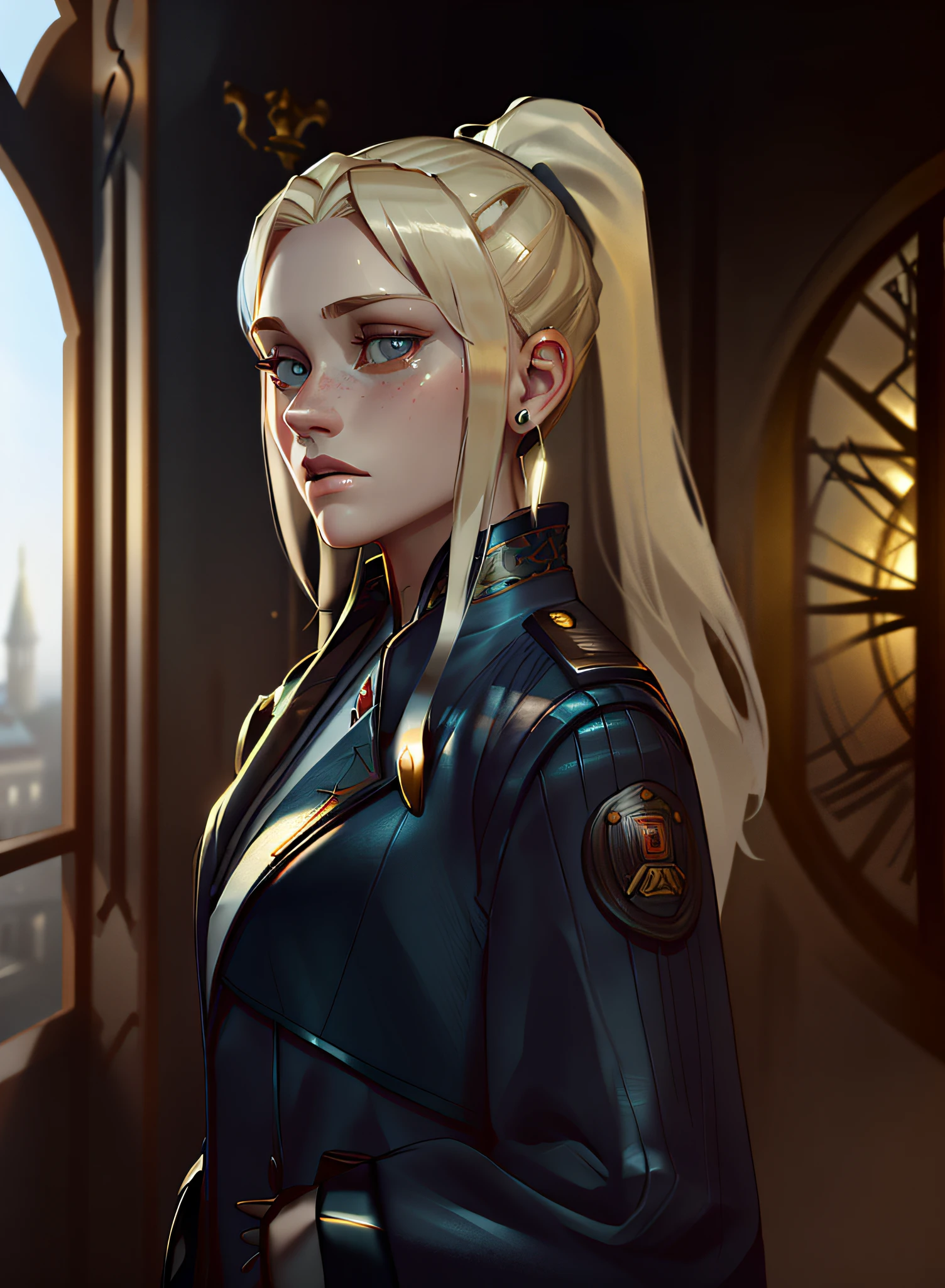 (1girl edition),not glasses, masterpiece, best quality, 1 girl, ponytail, worn, patches, photorealism, realism, tall skin, 18 years old,(in full growth:1.2),hard focus, mechanical, platinum blonde hair, European look, open ears,amber eyes, white uniform, engineer uniform, steam engines, (clock tower window in the background:1.2), in the tower, depth of field, very detailed, intricate, realistic, (film grain), cinematic, POV, film, f1.6 lens, rich colors, hyper-realistic, realistic texture, dramatic lighting, Cinestill 800,