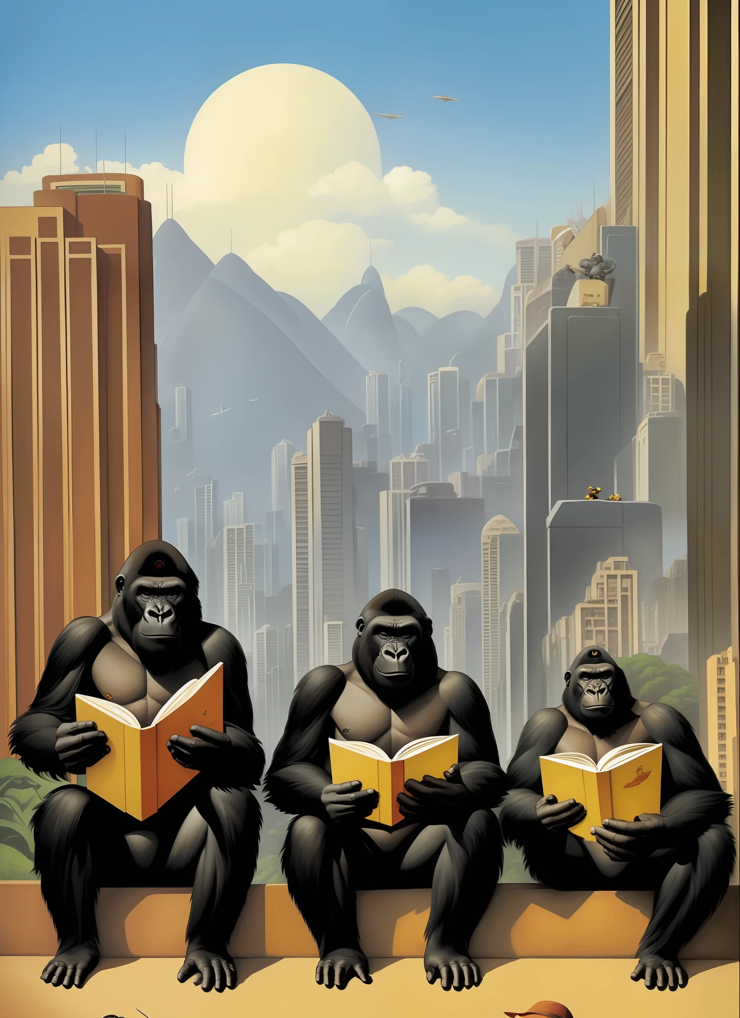 Two gorillas sitting reading book in Rio de Janeiro, Copacabana, Brazil, by Peter de Seve, ralph mcquarrie. Centered image, by Geof Darrow, kaiju towering above the Lacerda elevator, inspired by John Philip Falter, by John Philip Falter.